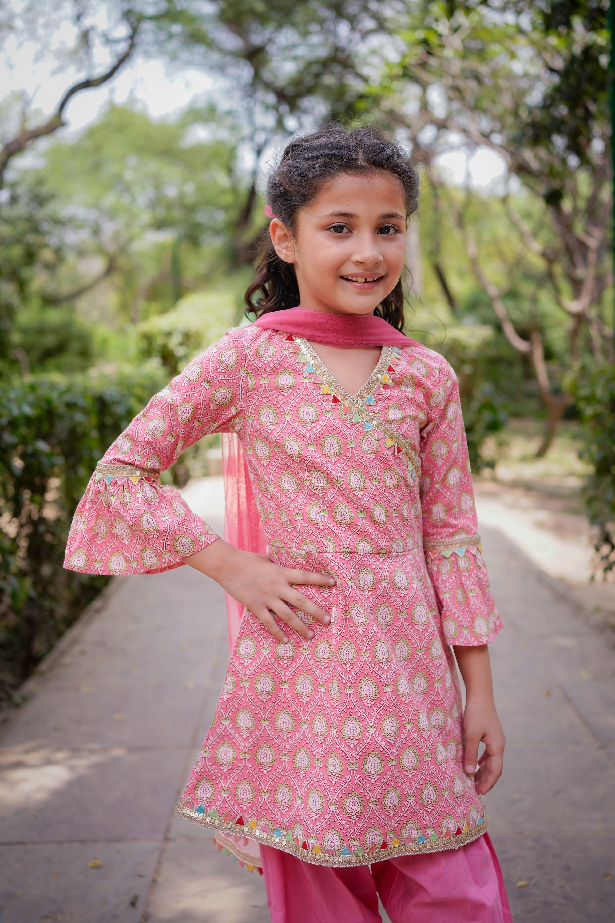 Pink Sanganeri Angrakha Cotton Suit