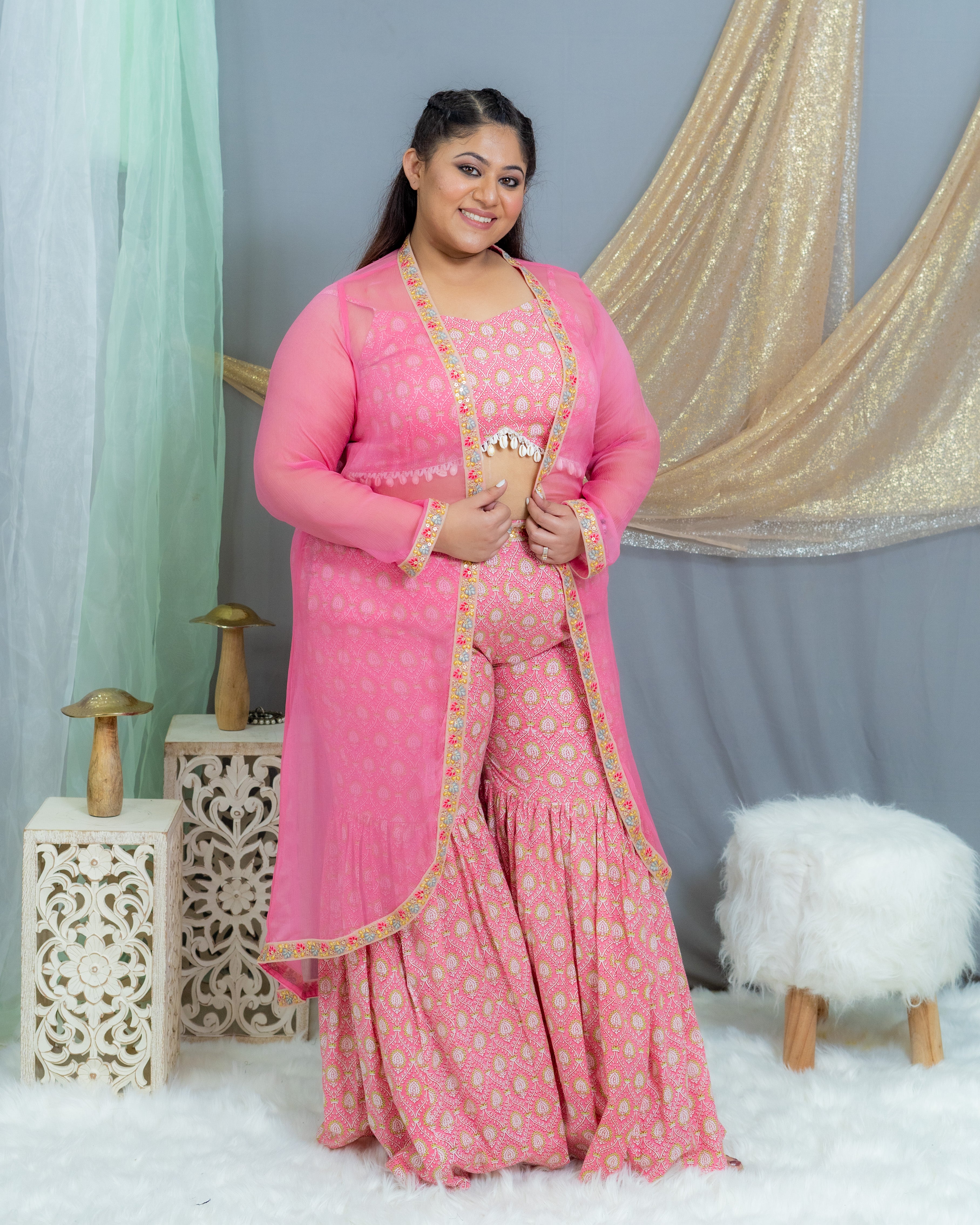 Pink Sanganeri(Shell) Handblock Printed 3 piece sharara set