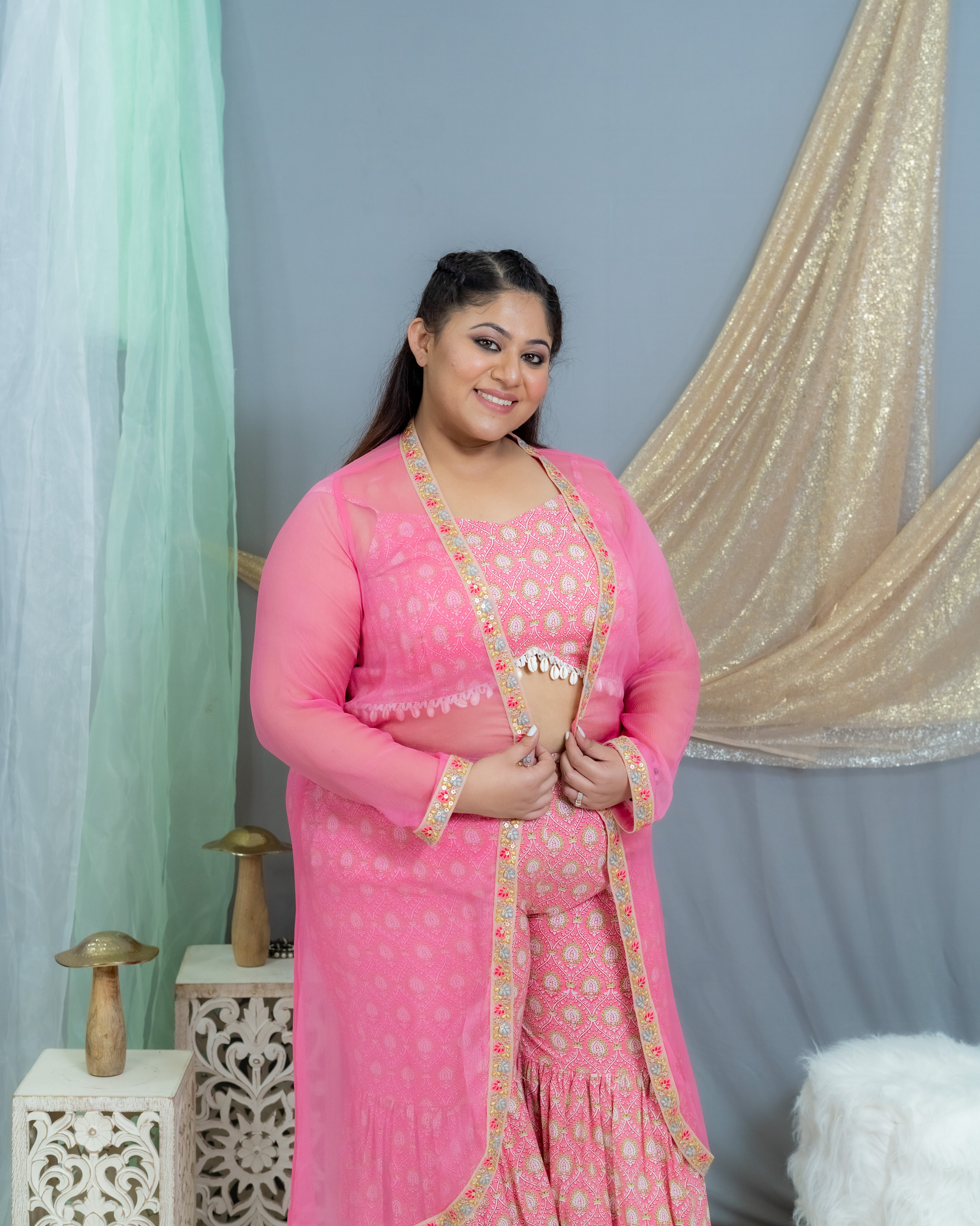 Pink Sanganeri(Shell) Handblock Printed 3 piece sharara set