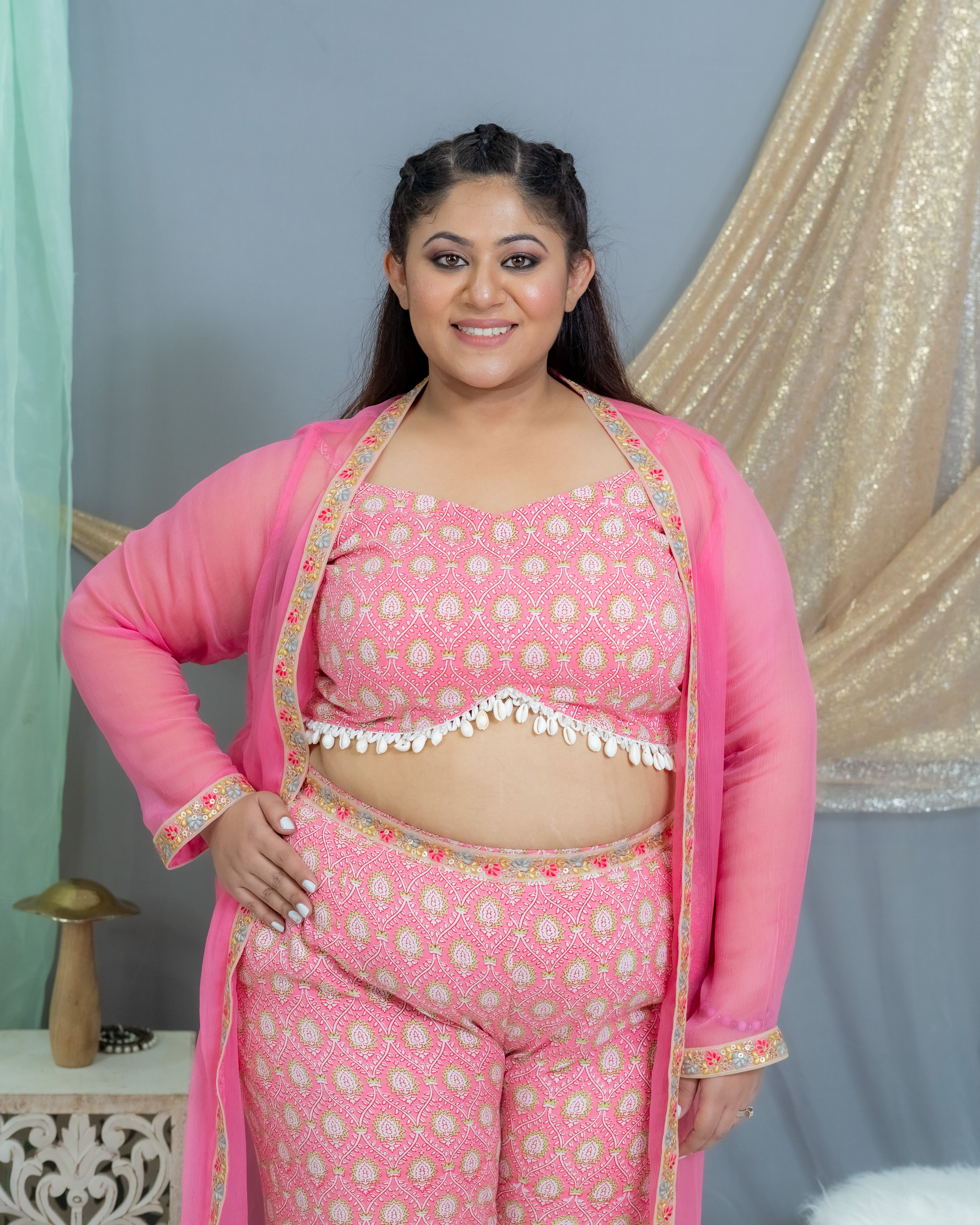 Pink Sanganeri(Shell) Handblock Printed 3 piece sharara set