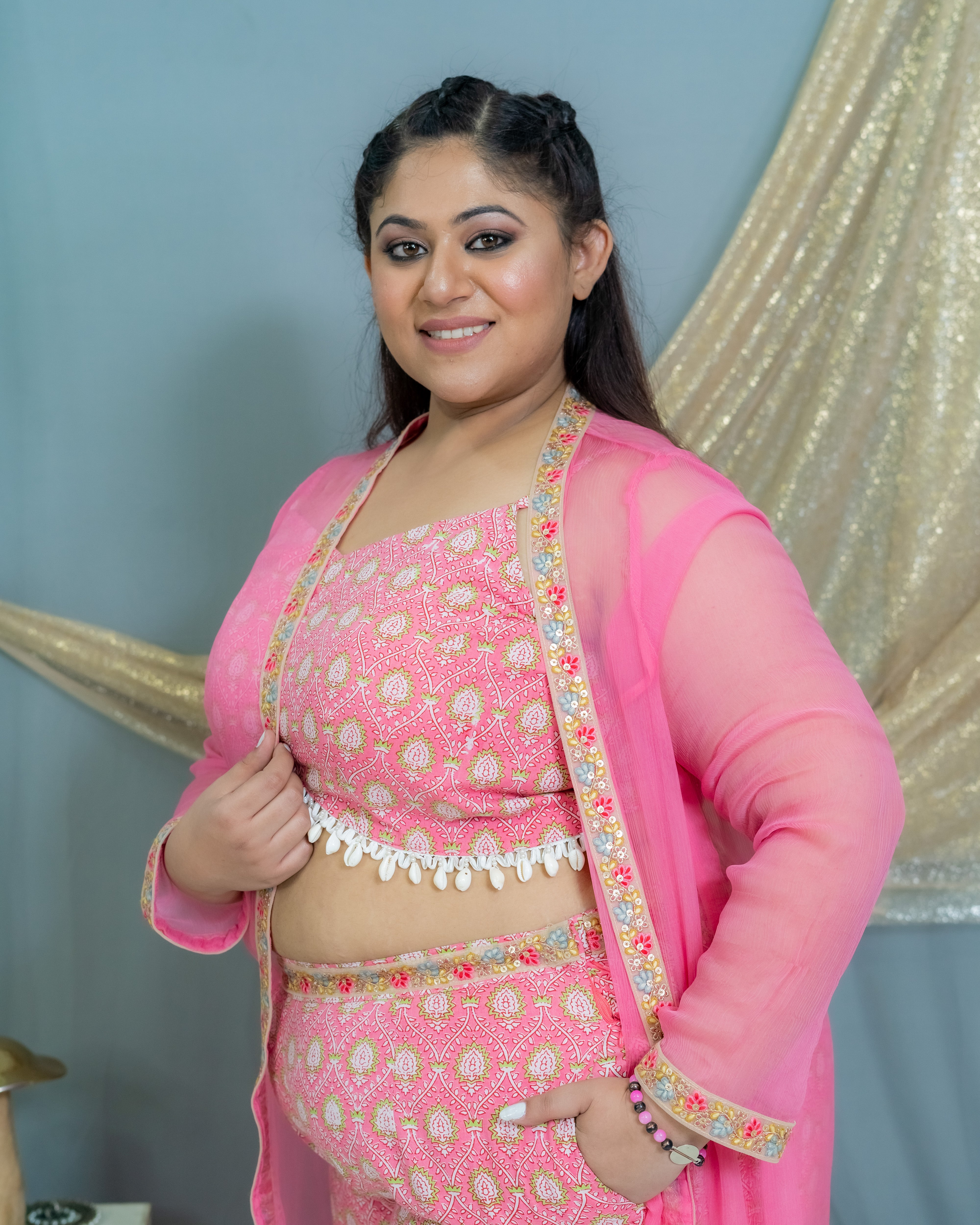 Pink Sanganeri(Shell) Handblock Printed 3 piece sharara set