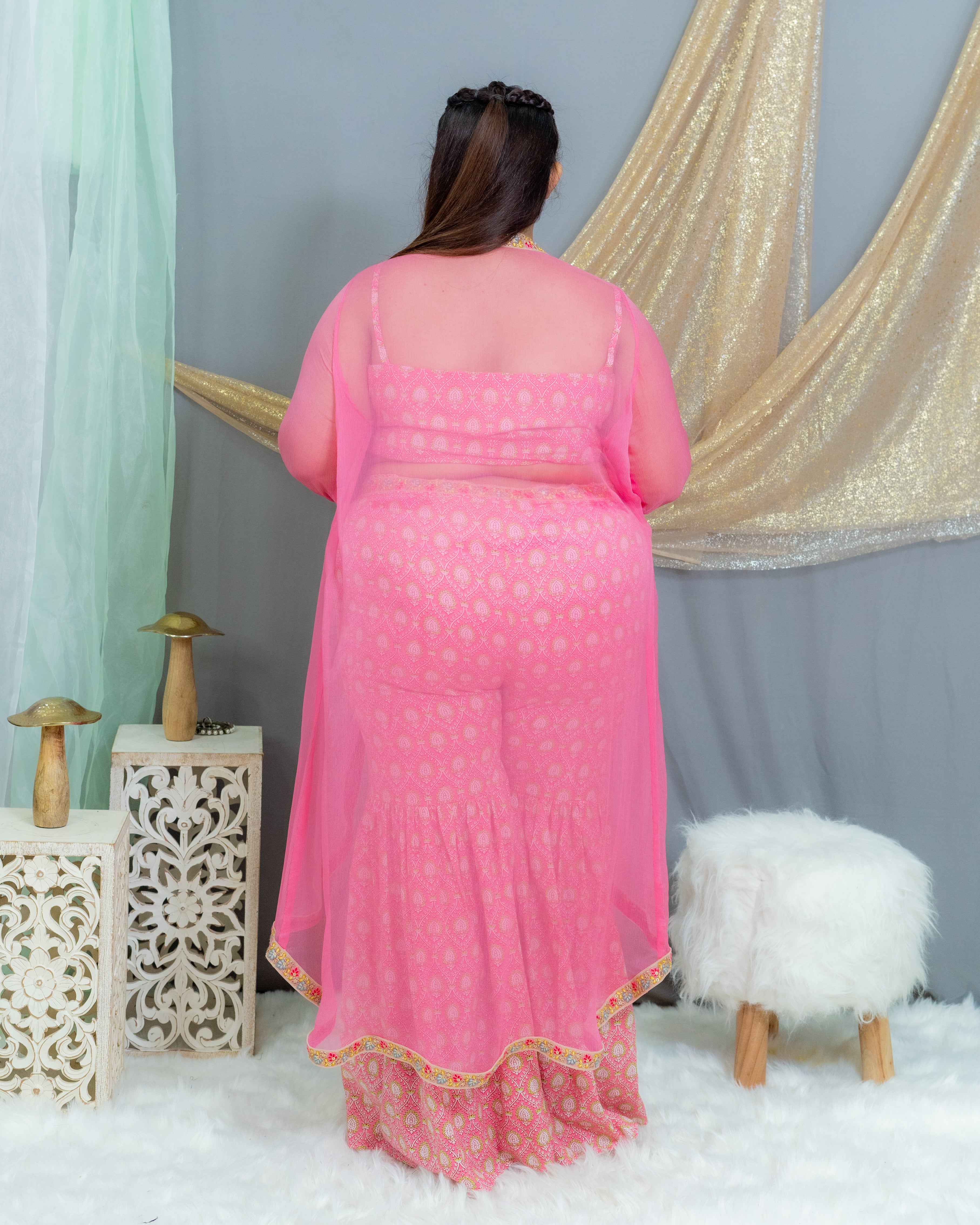Pink Sanganeri(Shell) Handblock Printed 3 piece sharara set