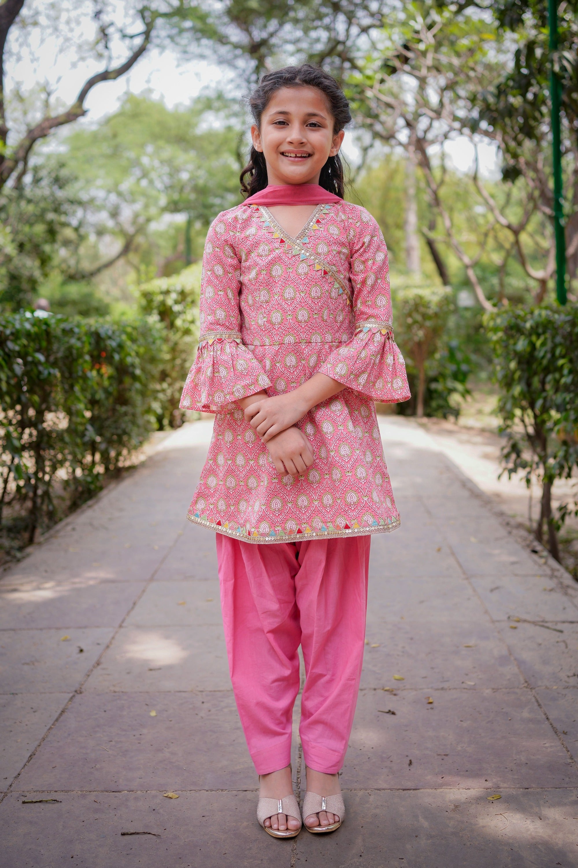 Pink Sanganeri Angrakha Cotton Suit