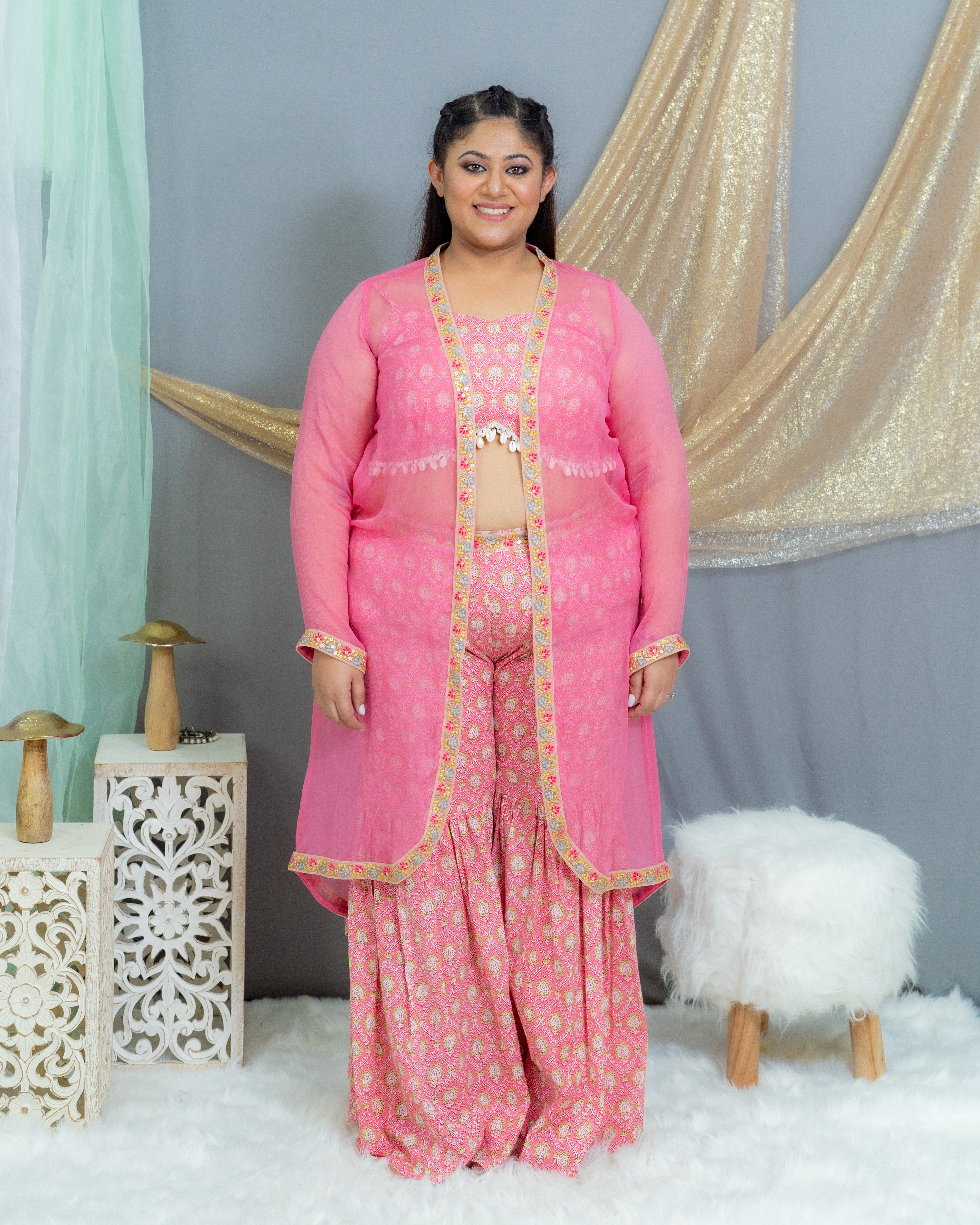 Pink Sanganeri(Shell) Handblock Printed 3 piece sharara set