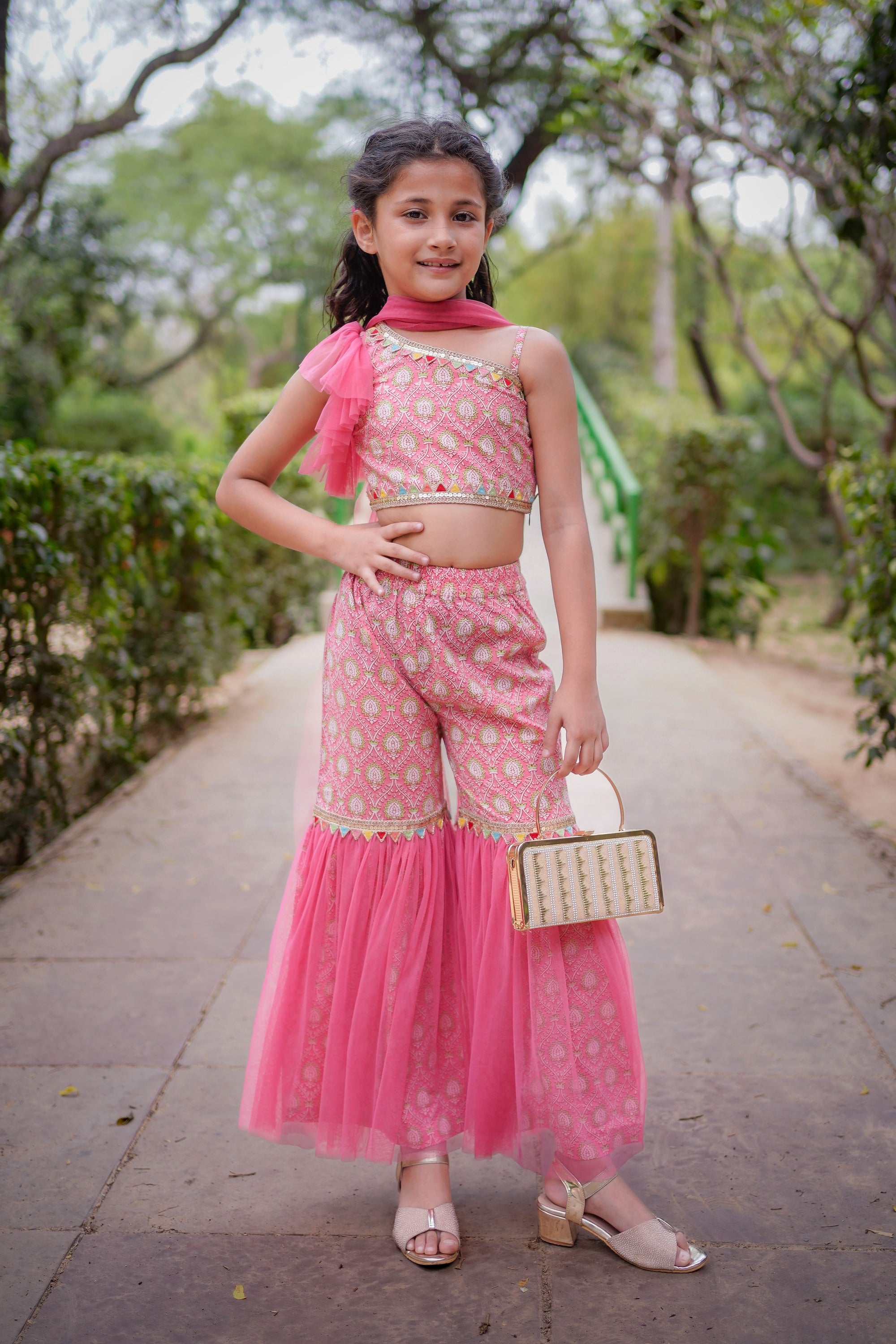 Pink Sanganeri One Shoulder Top with Net Sharara