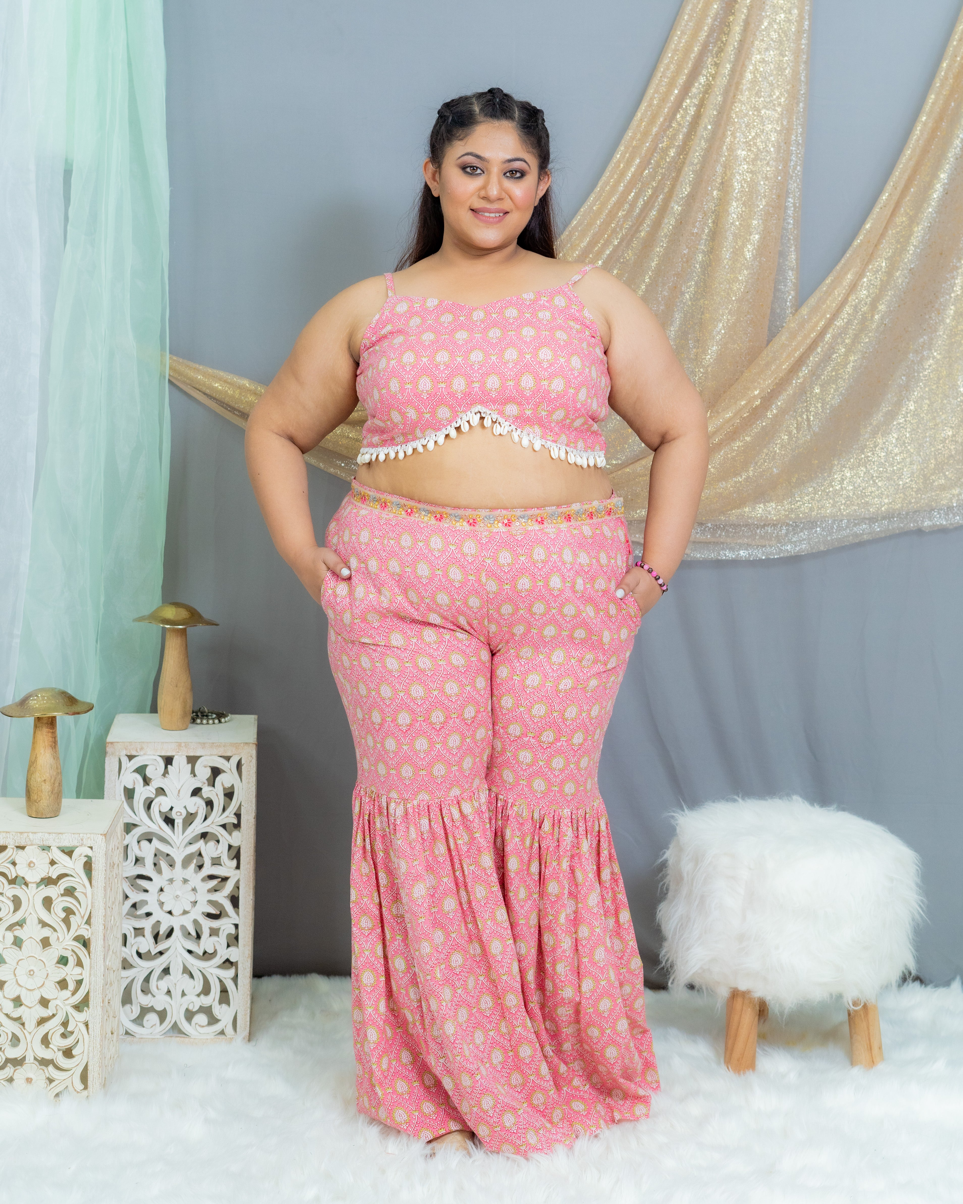Pink Sanganeri(Shell) Handblock Printed 3 piece sharara set