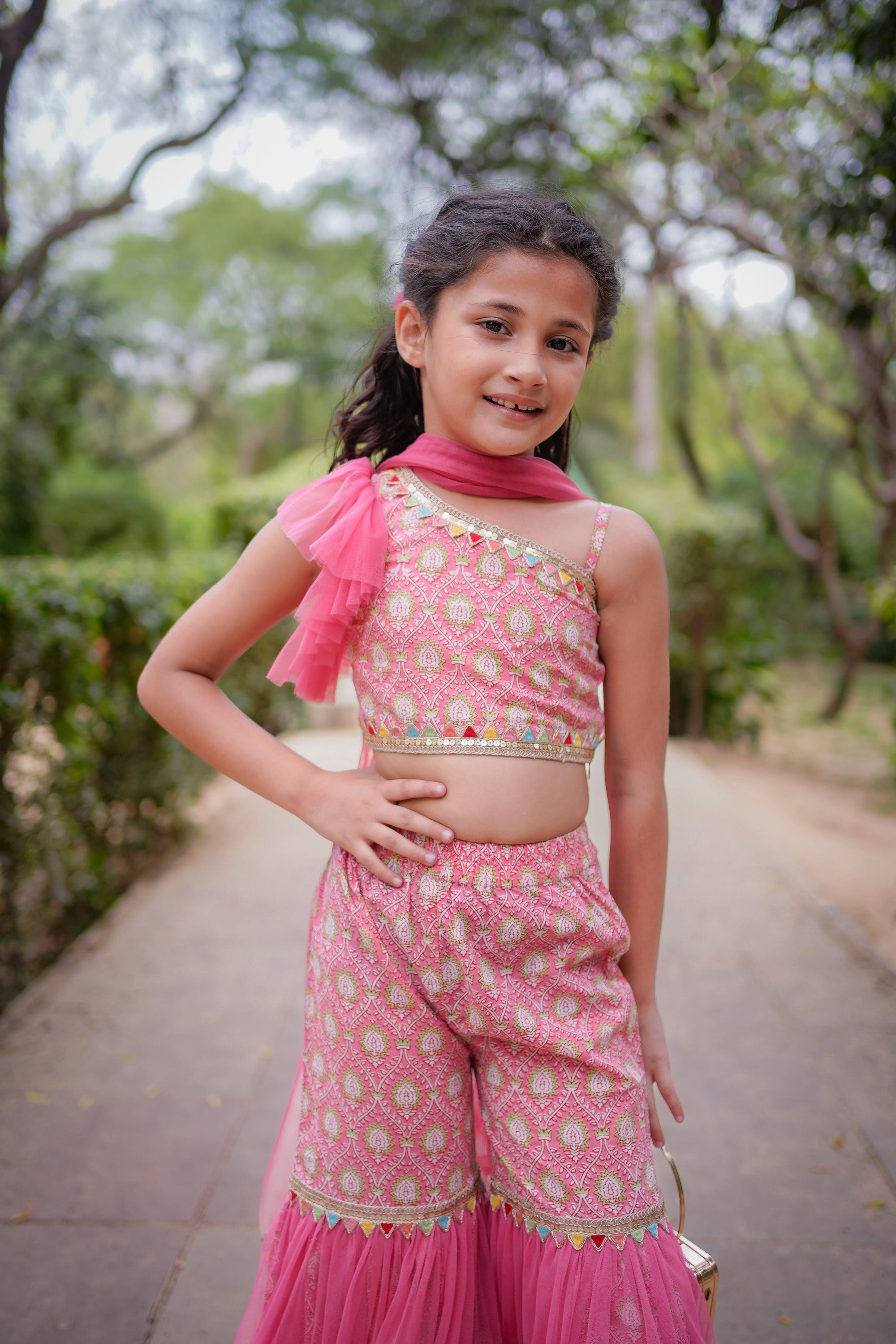 Pink Sanganeri One Shoulder Top with Net Sharara