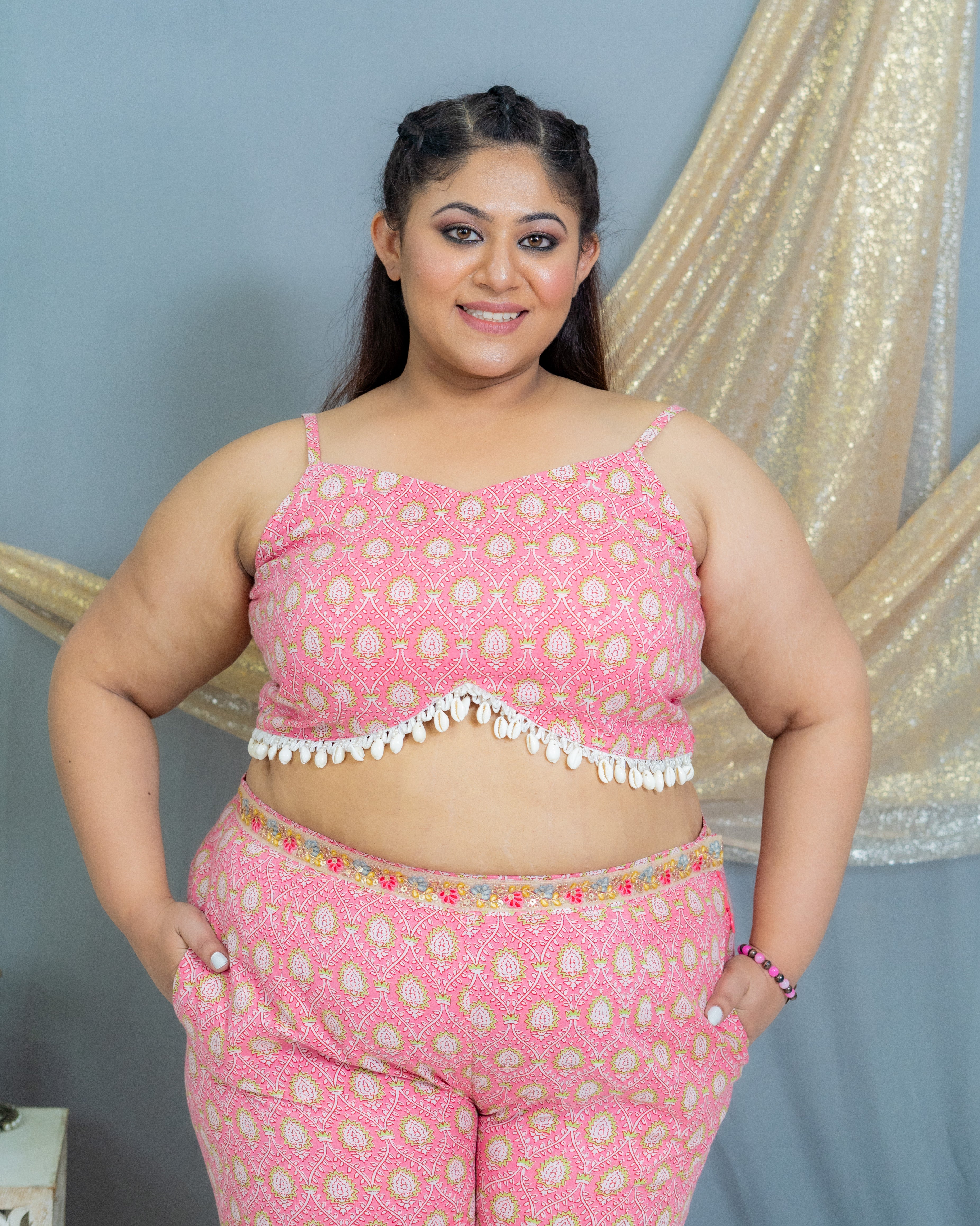 Pink Sanganeri(Shell) Handblock Printed 3 piece sharara set