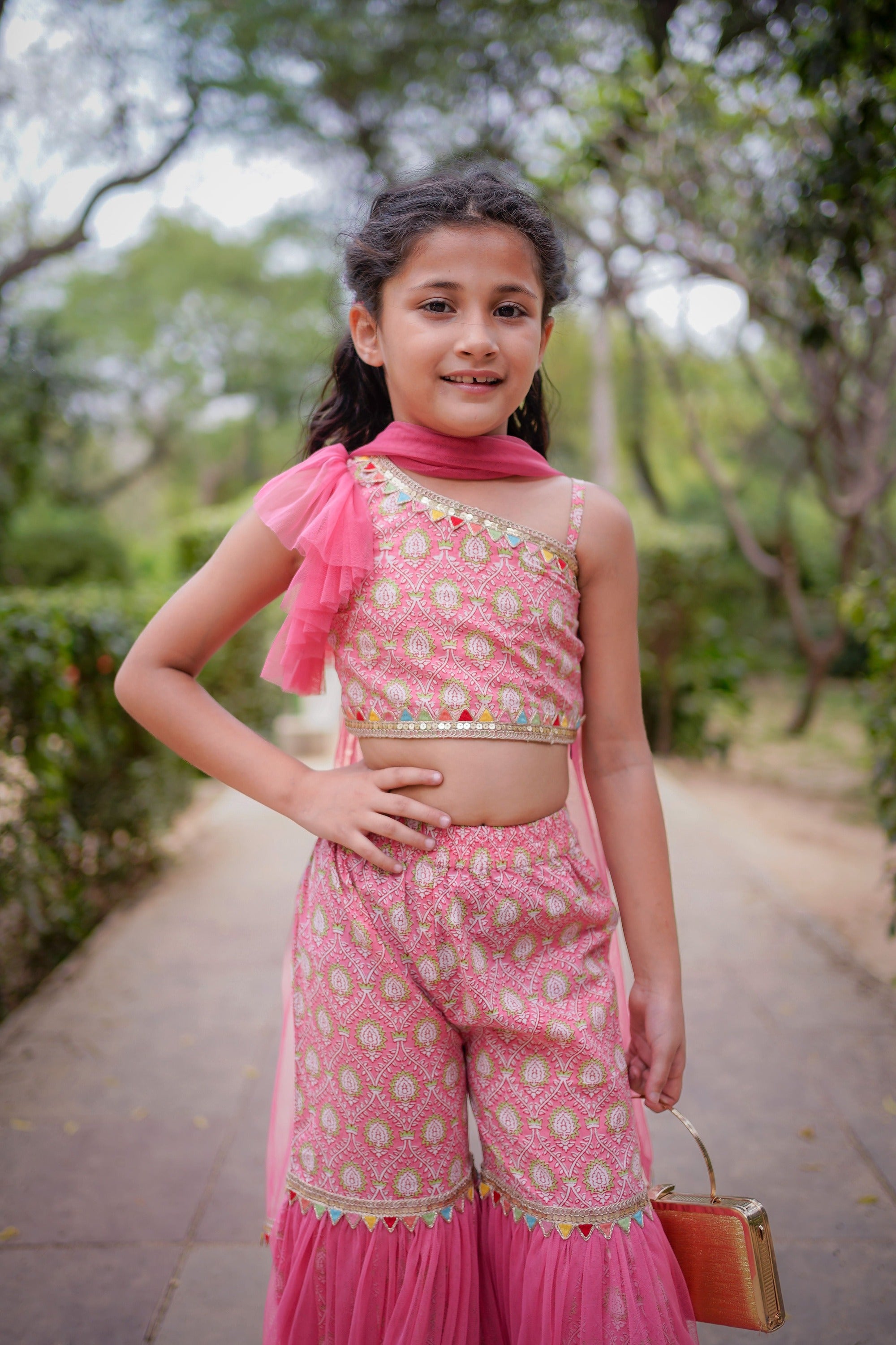Pink Sanganeri One Shoulder Top with Net Sharara