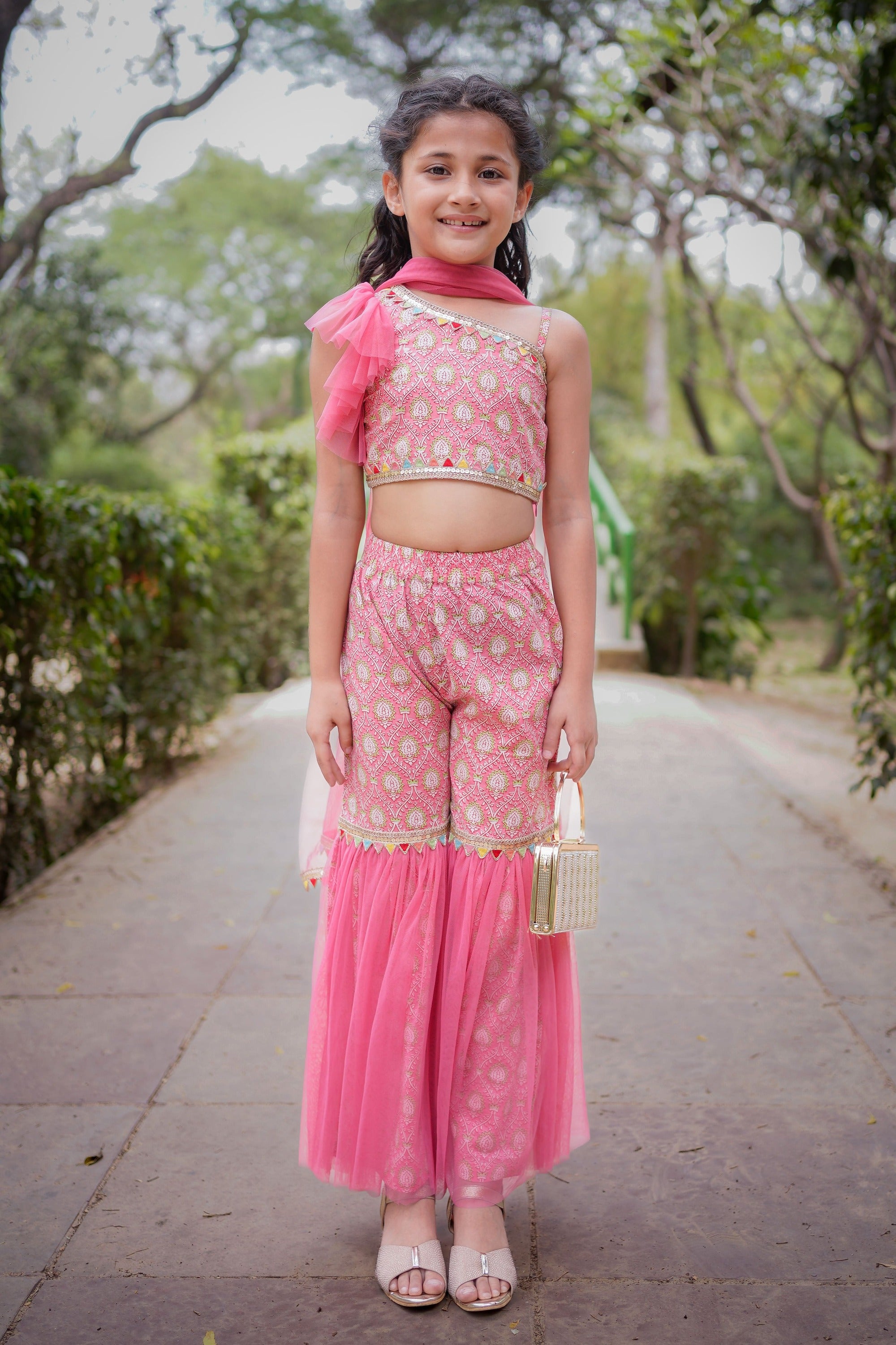 Pink Sanganeri One Shoulder Top with Net Sharara