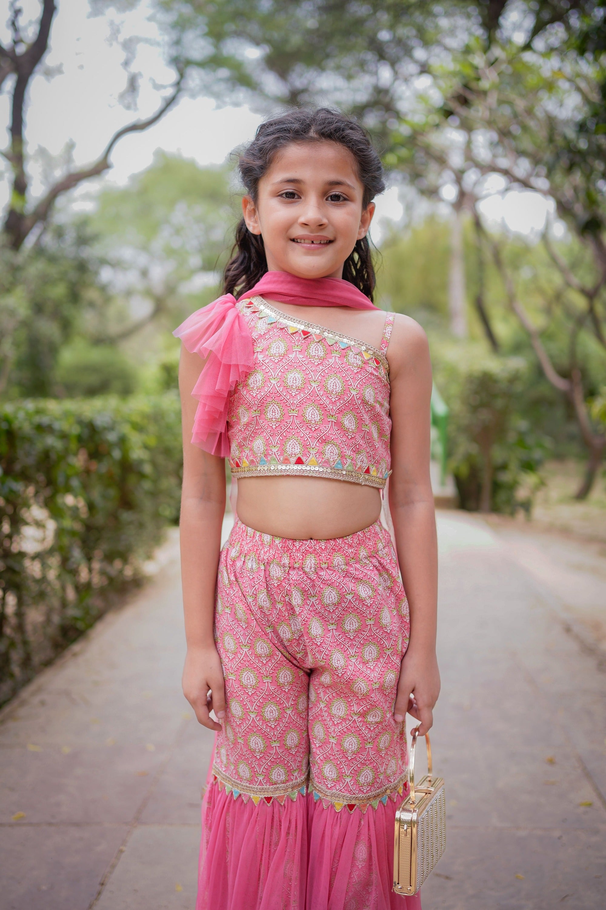 Pink Sanganeri One Shoulder Top with Net Sharara