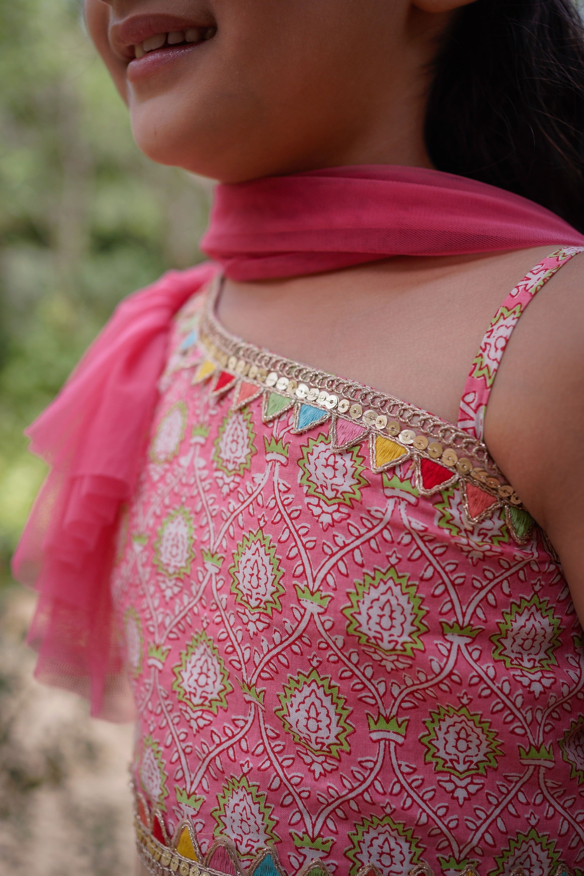 Pink Sanganeri One Shoulder Top with Net Sharara