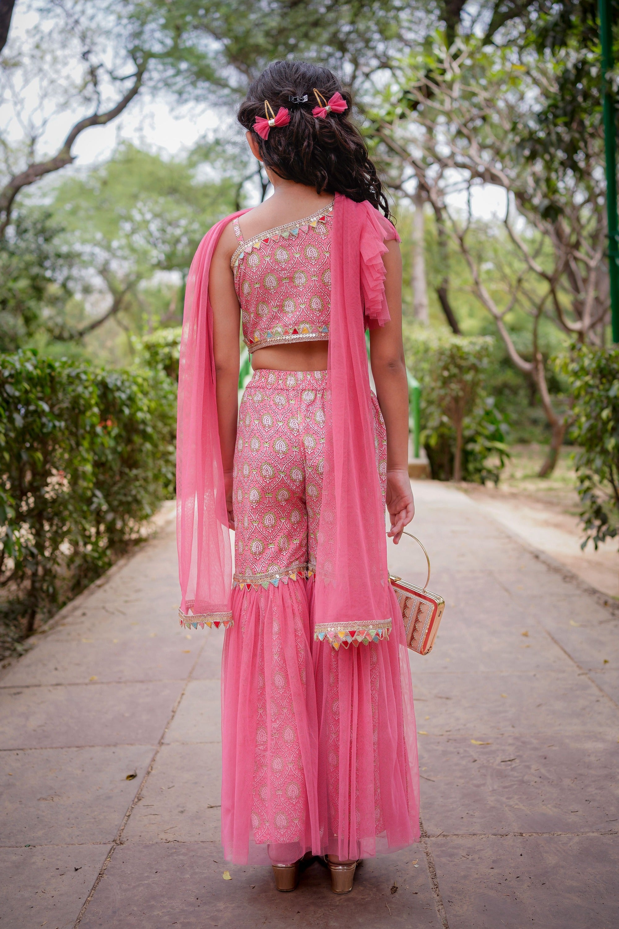 Pink Sanganeri One Shoulder Top with Net Sharara