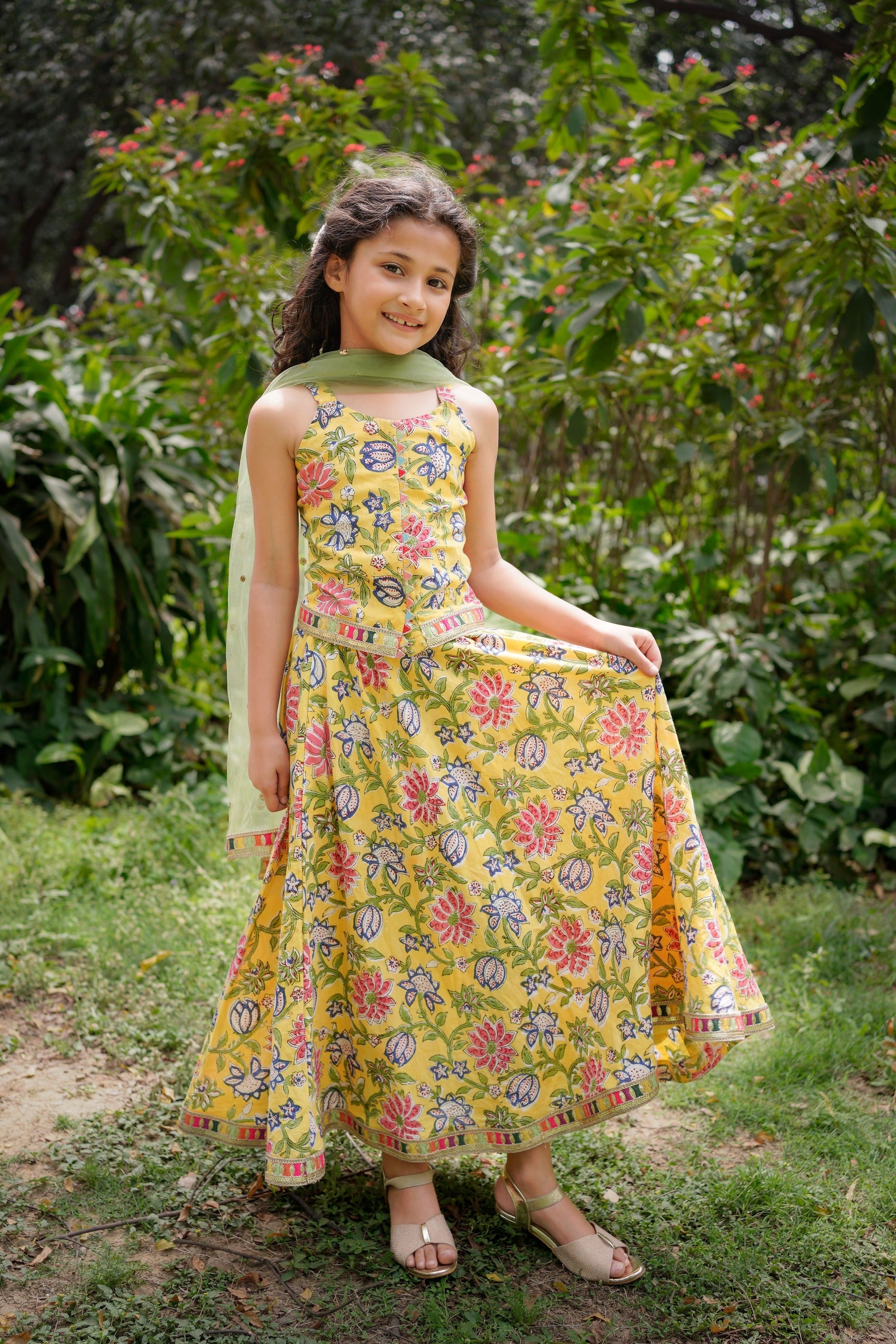 Yellow Sanganeri Cotton Lehenga Set with Green Dupatta