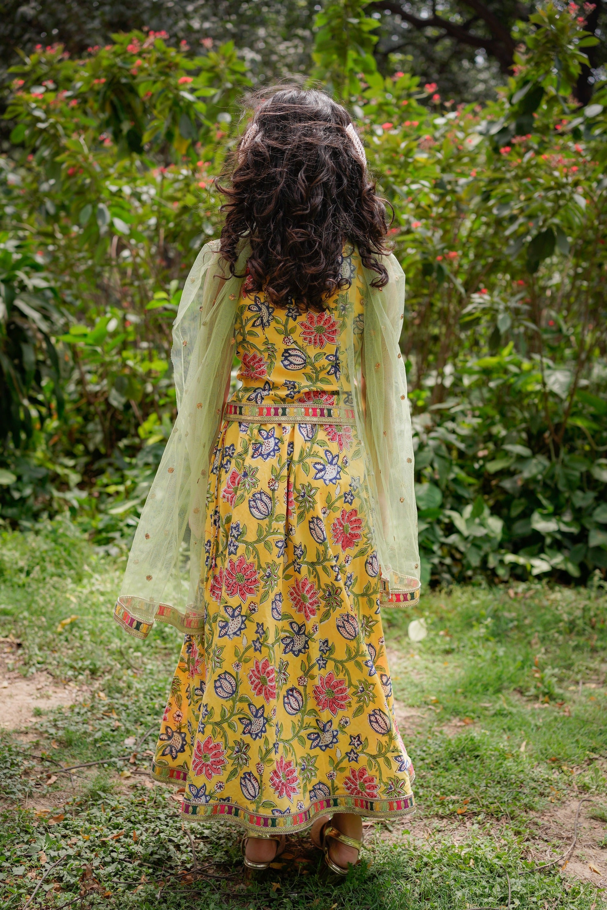 Yellow Sanganeri Cotton Lehenga Set with Green Dupatta