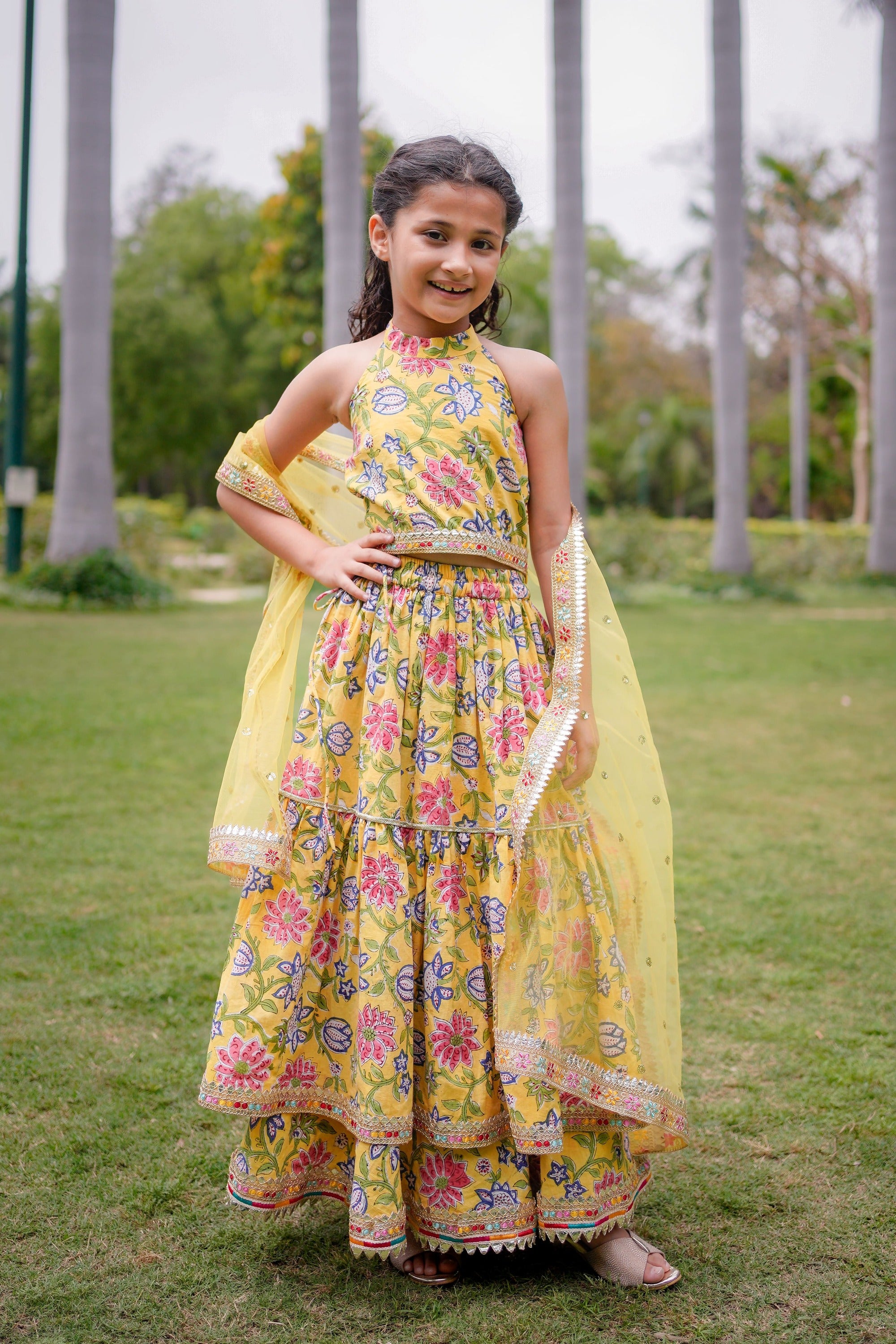 Yellow Sanganeri Halter Neck Double Frill Lehenga