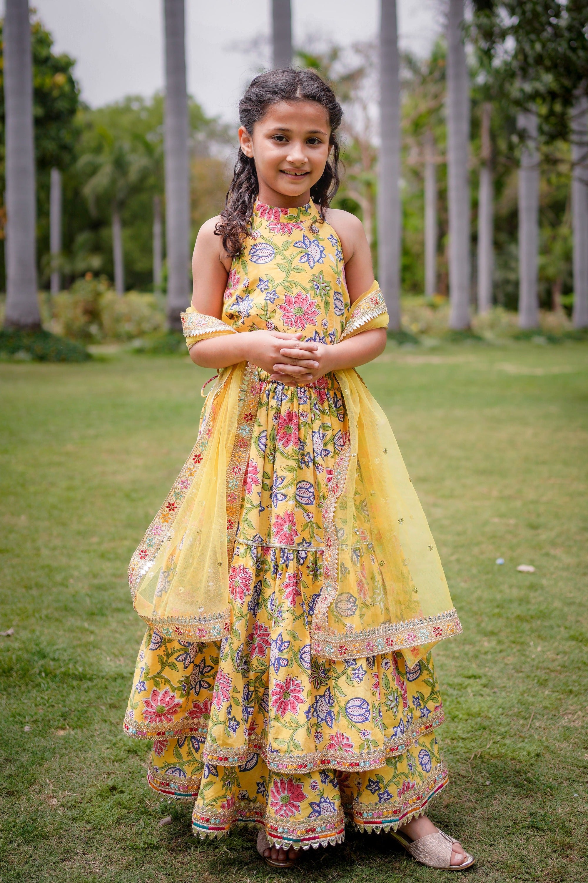 Yellow Sanganeri Halter Neck Double Frill Lehenga