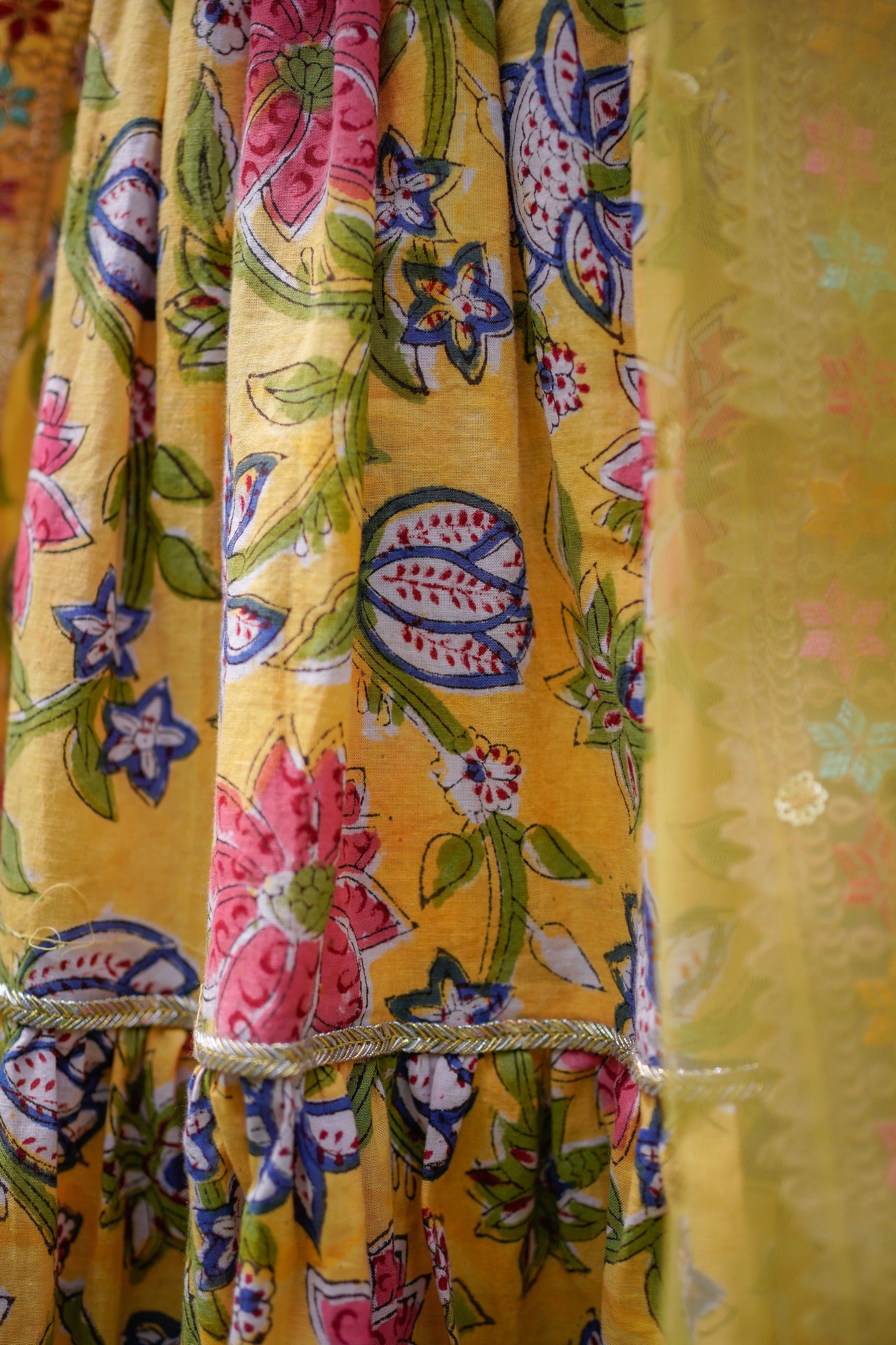 Yellow Sanganeri Halter Neck Double Frill Lehenga