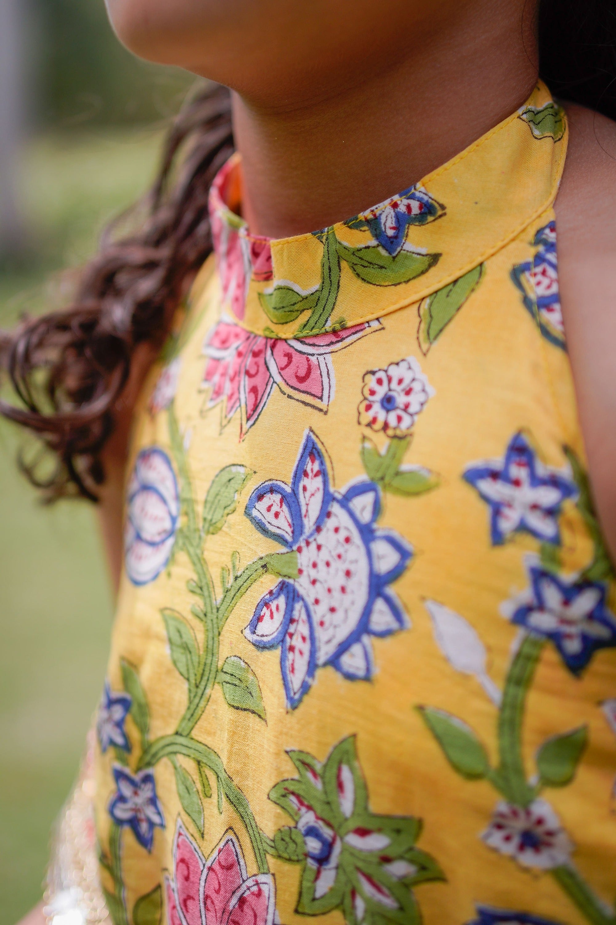 Yellow Sanganeri Halter Neck Double Frill Lehenga