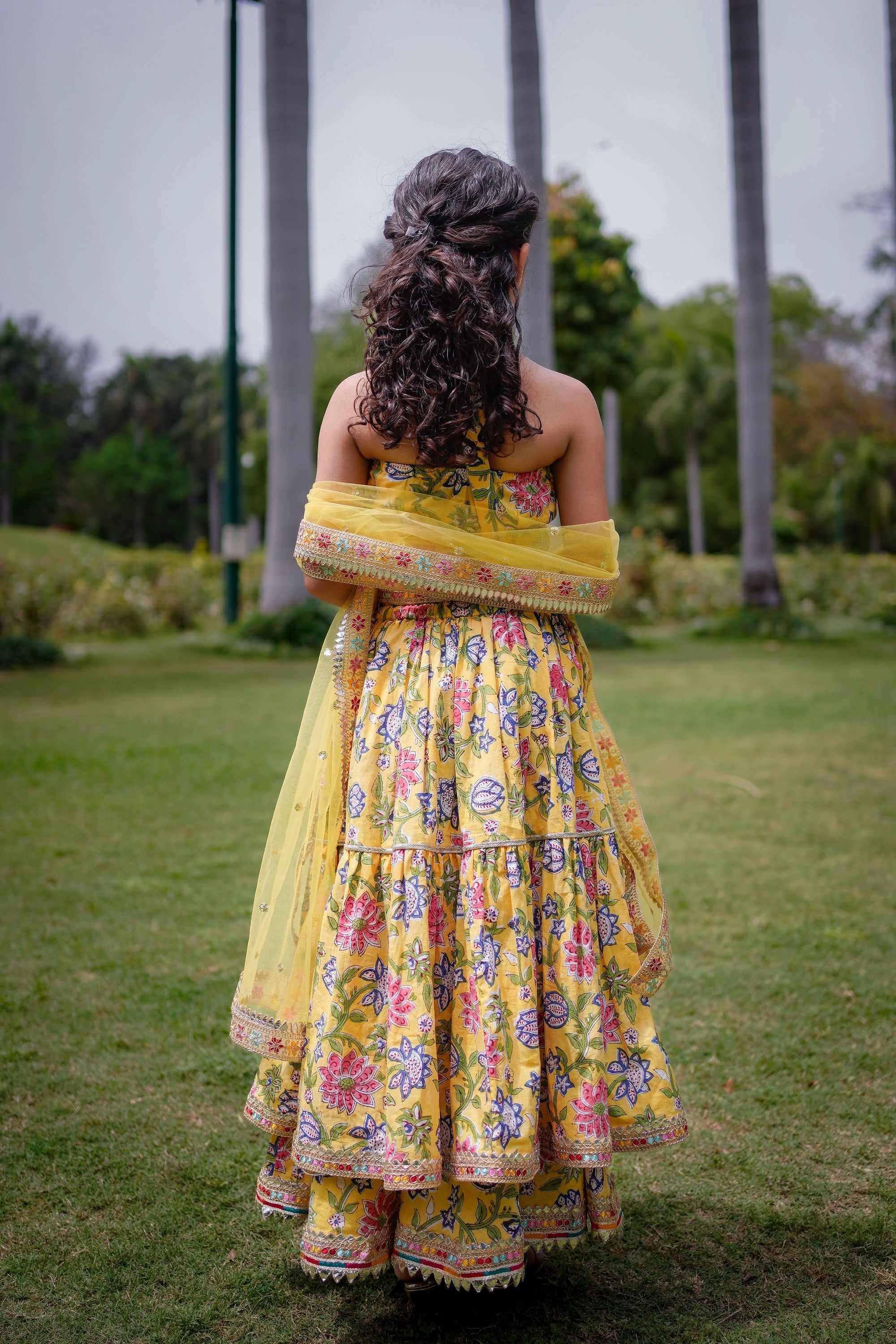 Yellow Sanganeri Halter Neck Double Frill Lehenga