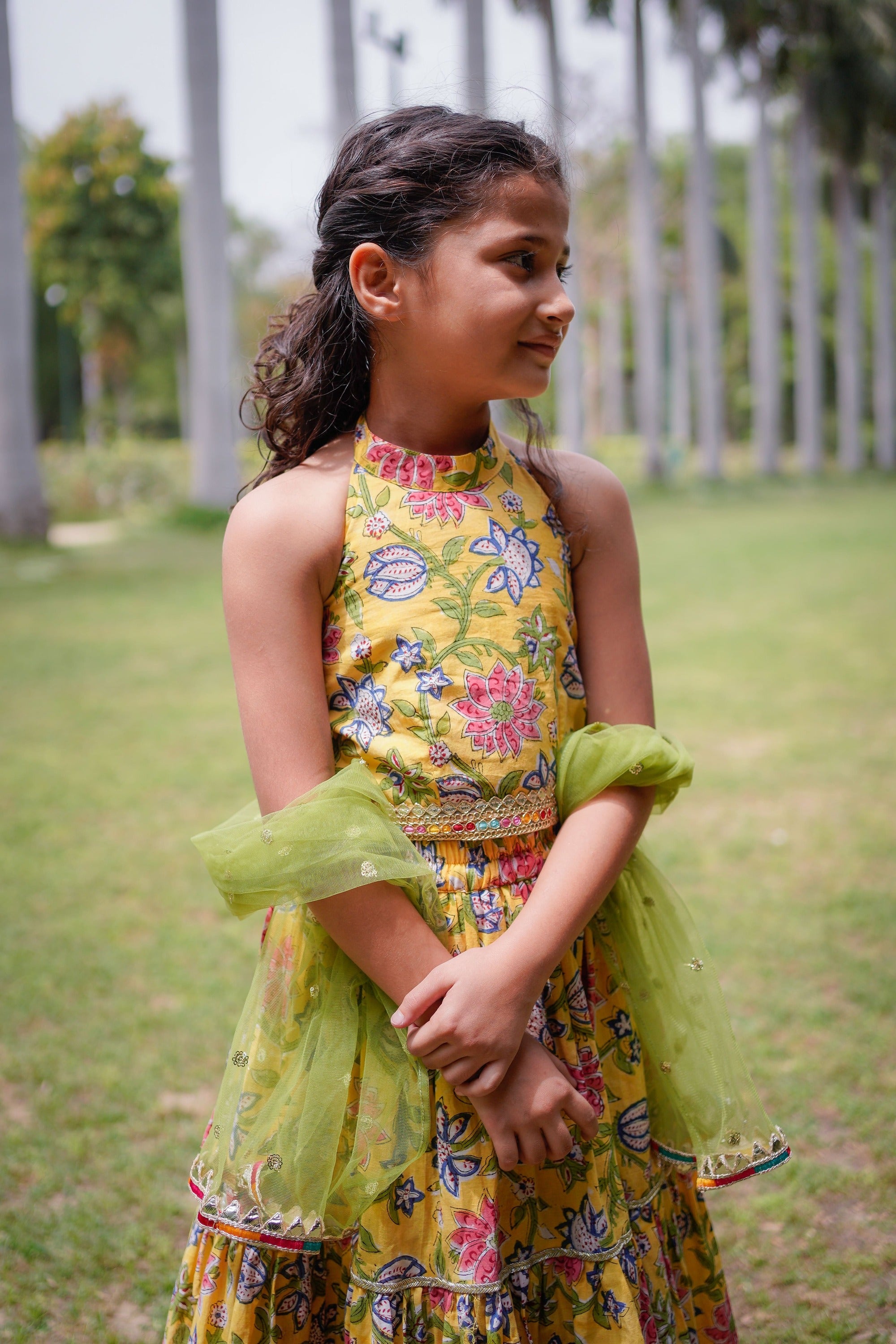 Yellow Sanganeri Halter Neck Double Frill Lehenga