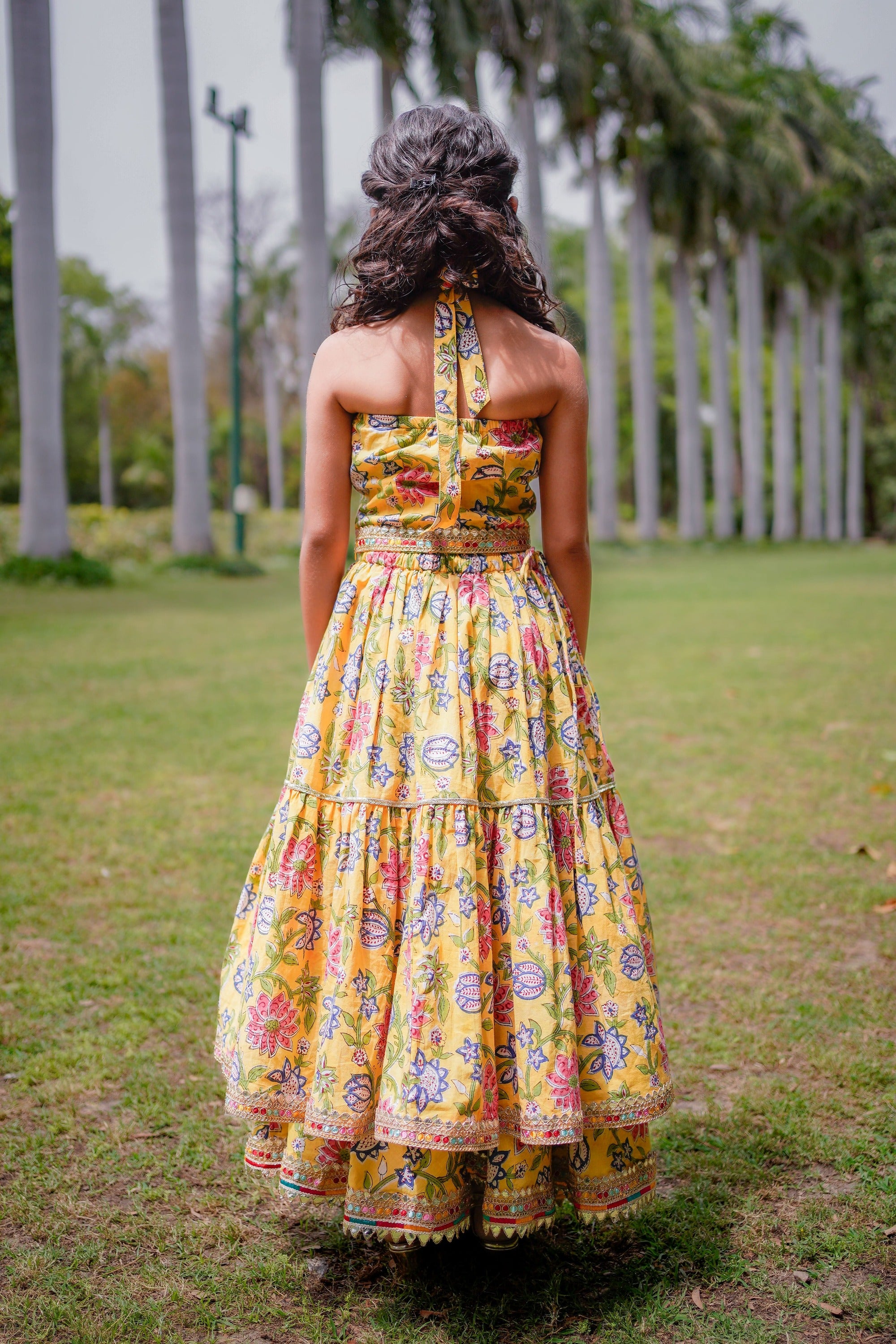 Yellow Sanganeri Halter Neck Double Frill Lehenga