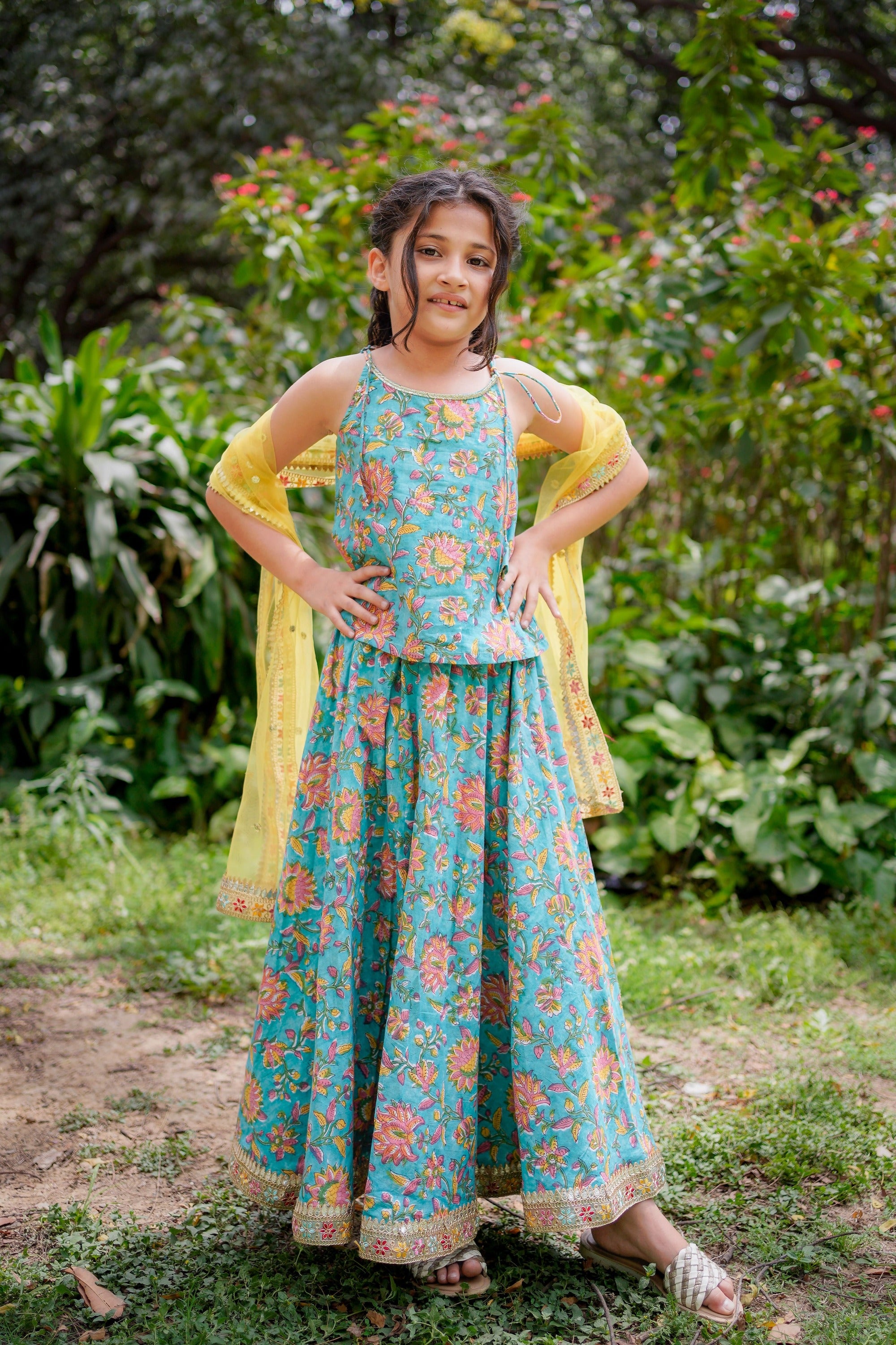 Blue Floral Sanganeri Lehenga with Yellow Dupatta