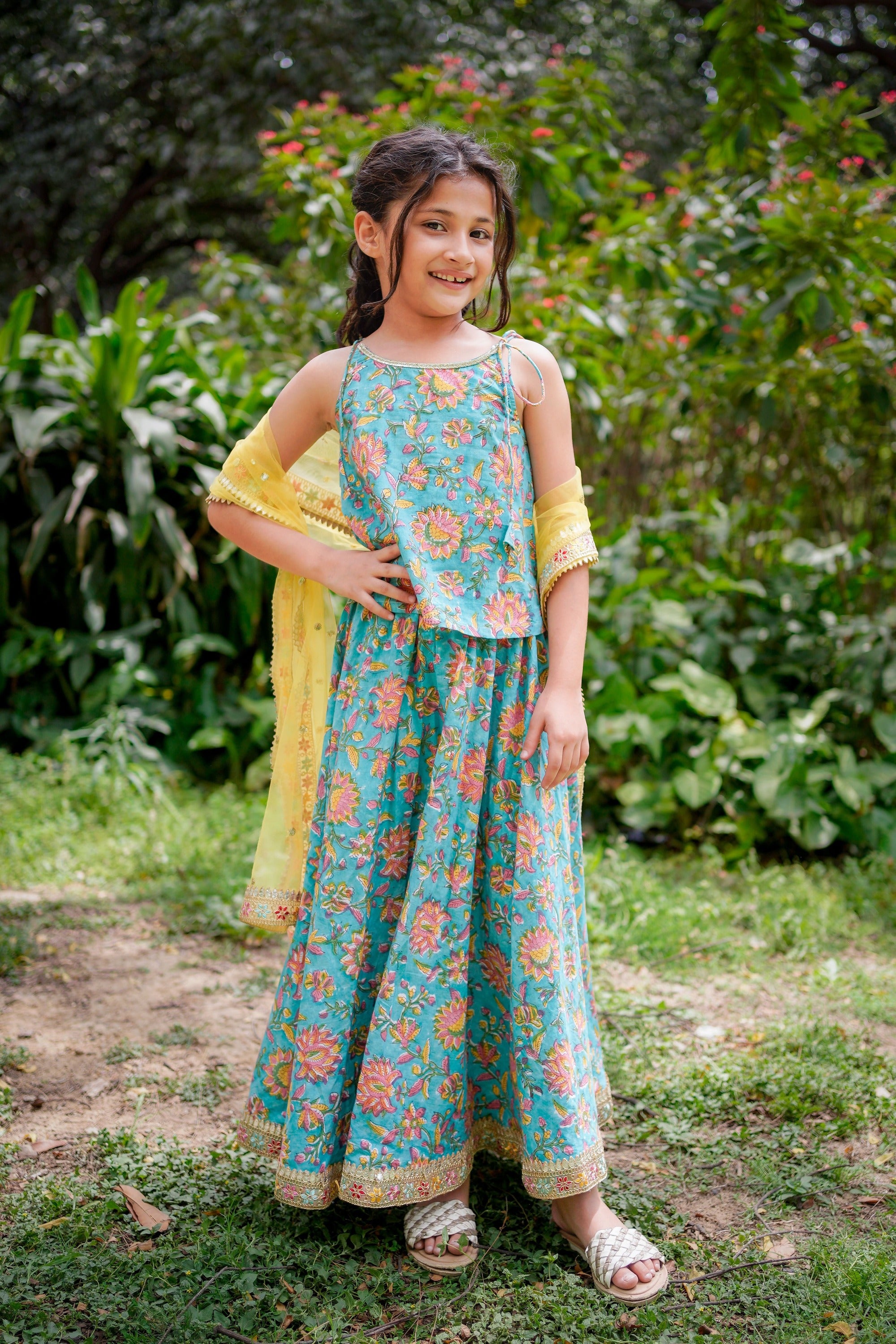 Blue Floral Sanganeri Lehenga with Yellow Dupatta