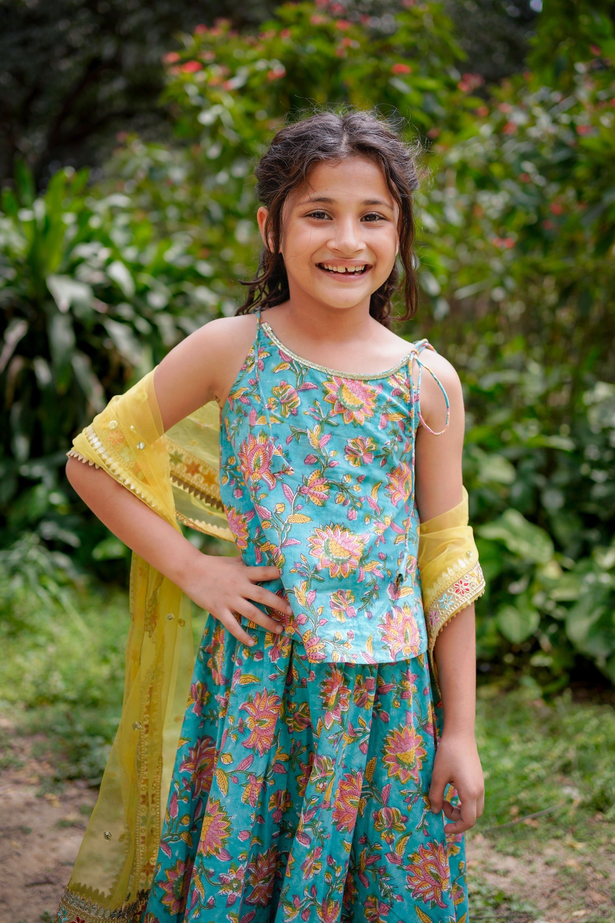 Blue Floral Sanganeri Lehenga with Yellow Dupatta