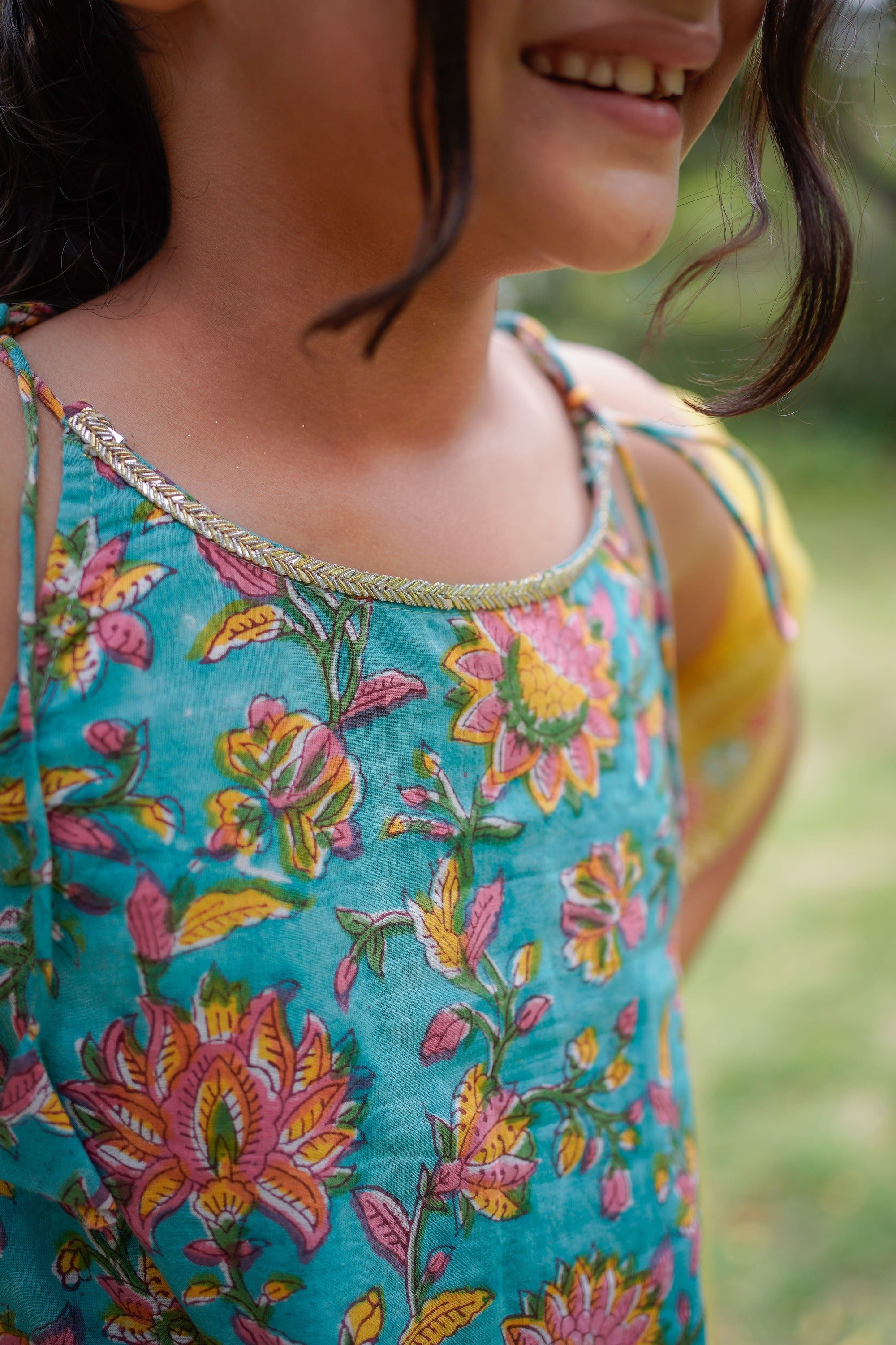Blue Floral Sanganeri Lehenga with Yellow Dupatta