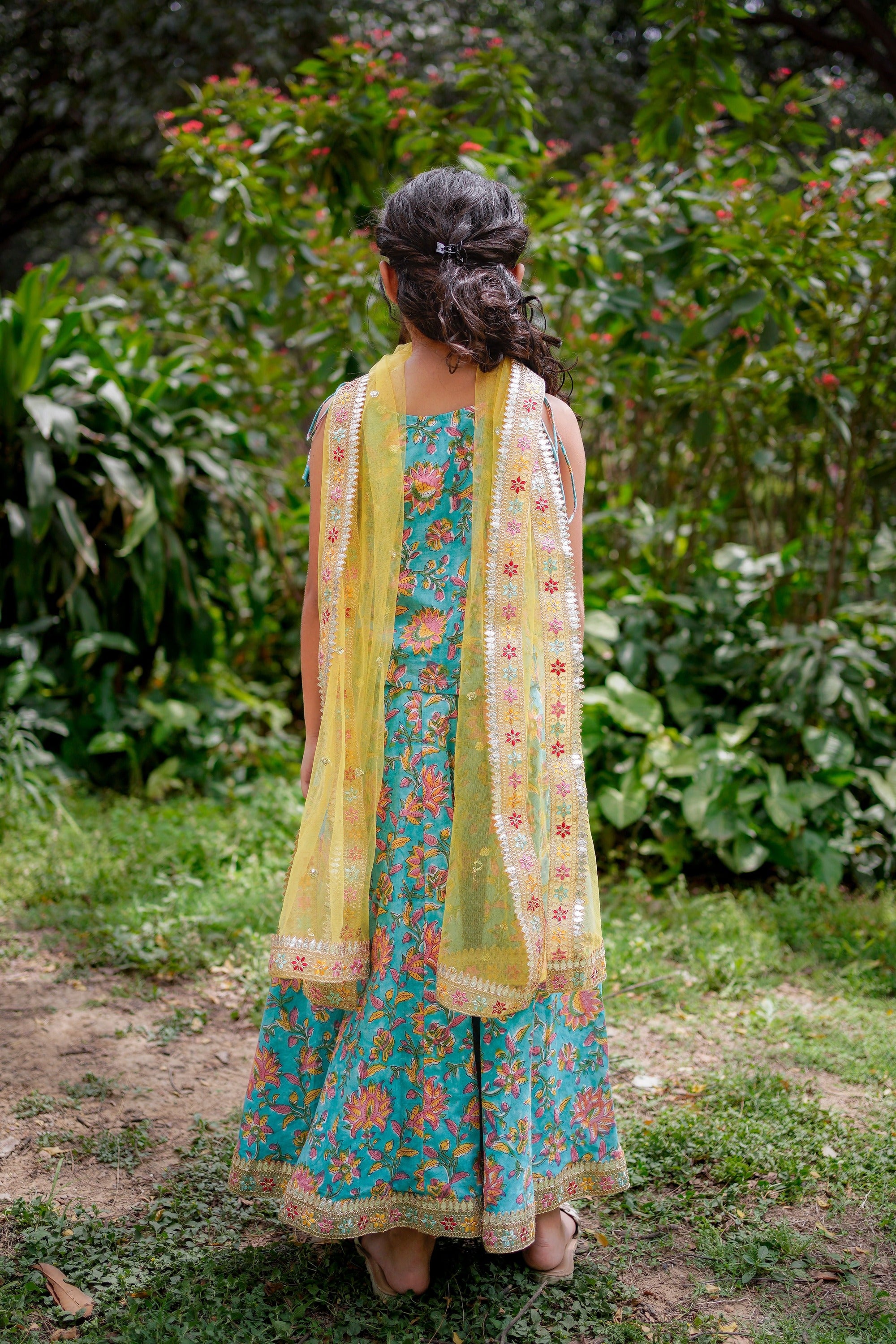 Blue Floral Sanganeri Lehenga with Yellow Dupatta