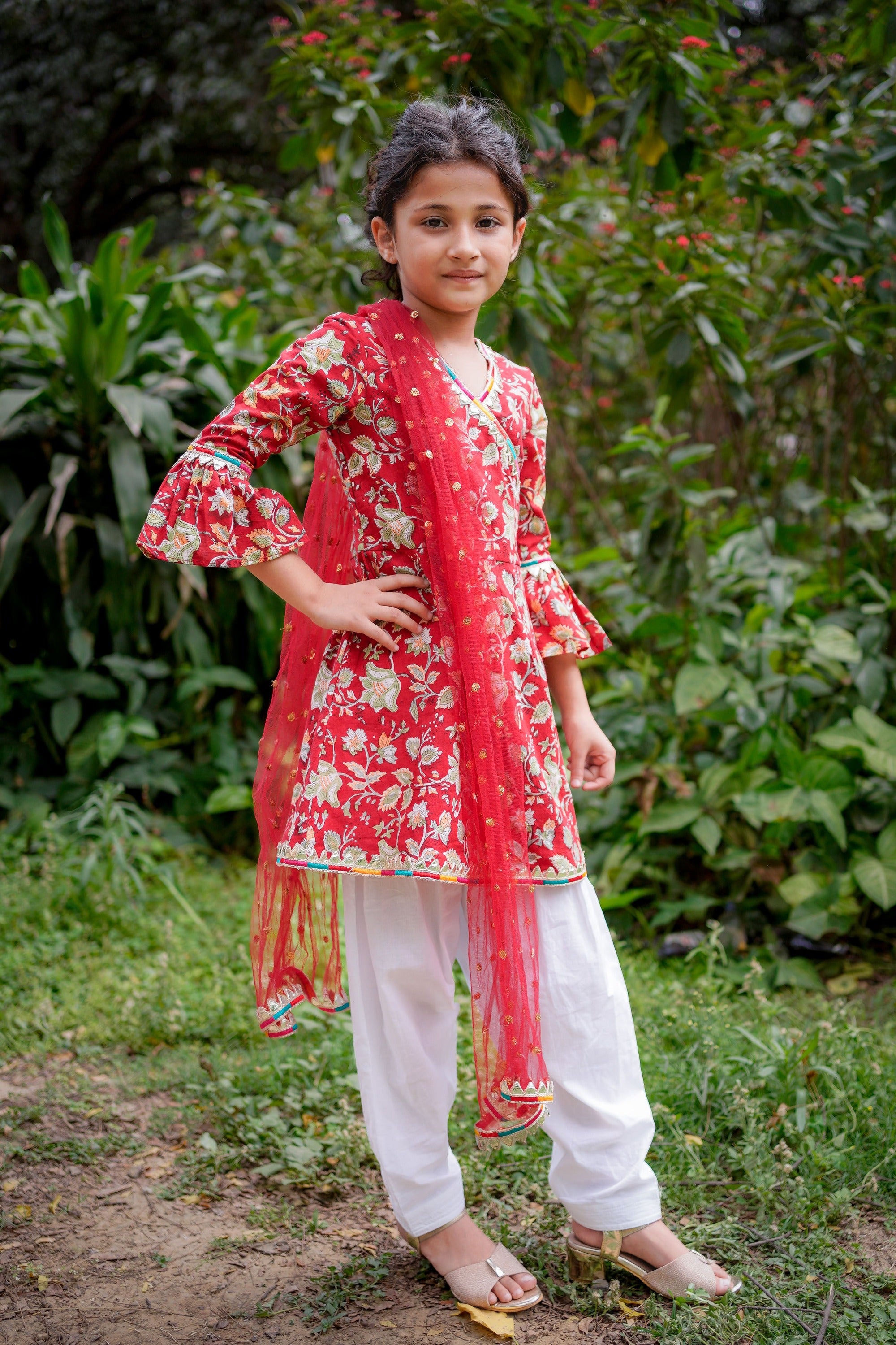 Red Sanganeri Angrakha Salwar Suit
