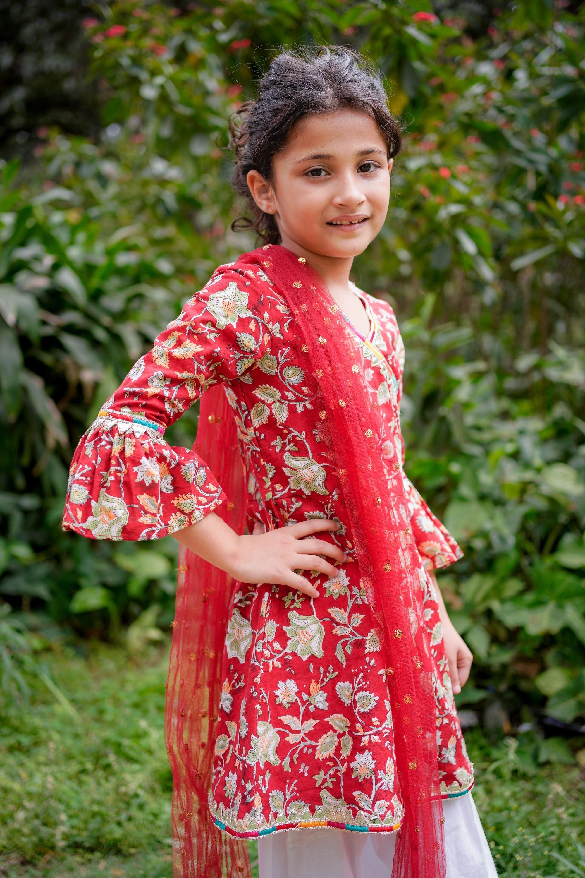 Red Sanganeri Angrakha Salwar Suit