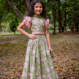 Green Sanganeri Cotton Lehenga with Pink Frill and Dupatta
