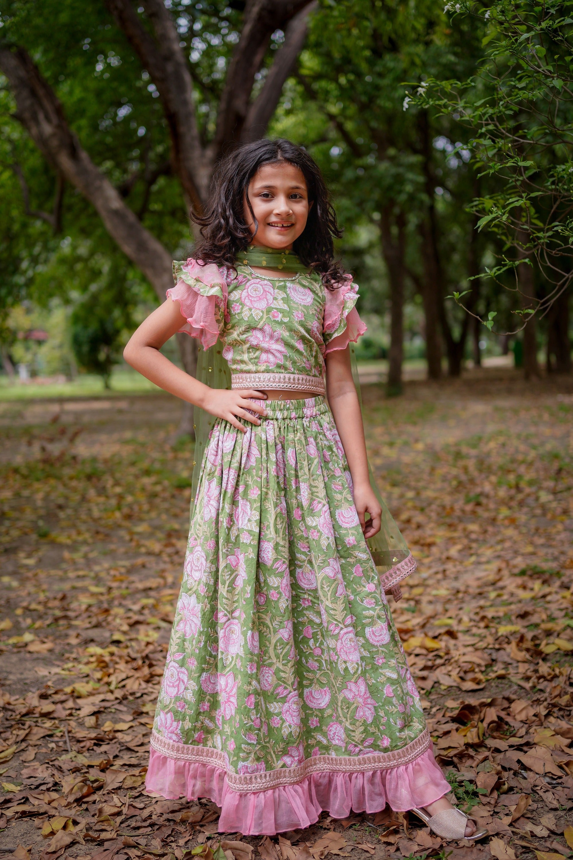 Green Sanganeri Cotton Lehenga with Pink Frill and Dupatta