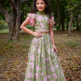 Green Sanganeri Cotton Lehenga with Pink Frill and Dupatta