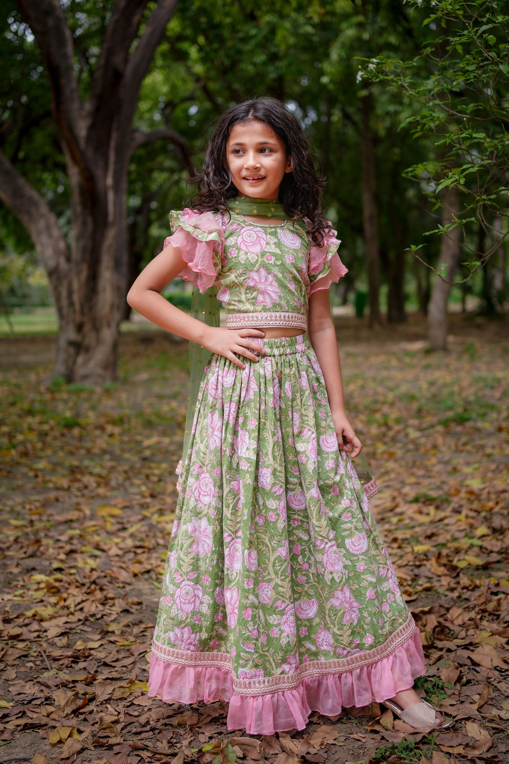 Green Sanganeri Cotton Lehenga with Pink Frill and Dupatta