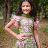 Green Sanganeri Cotton Lehenga with Pink Frill and Dupatta