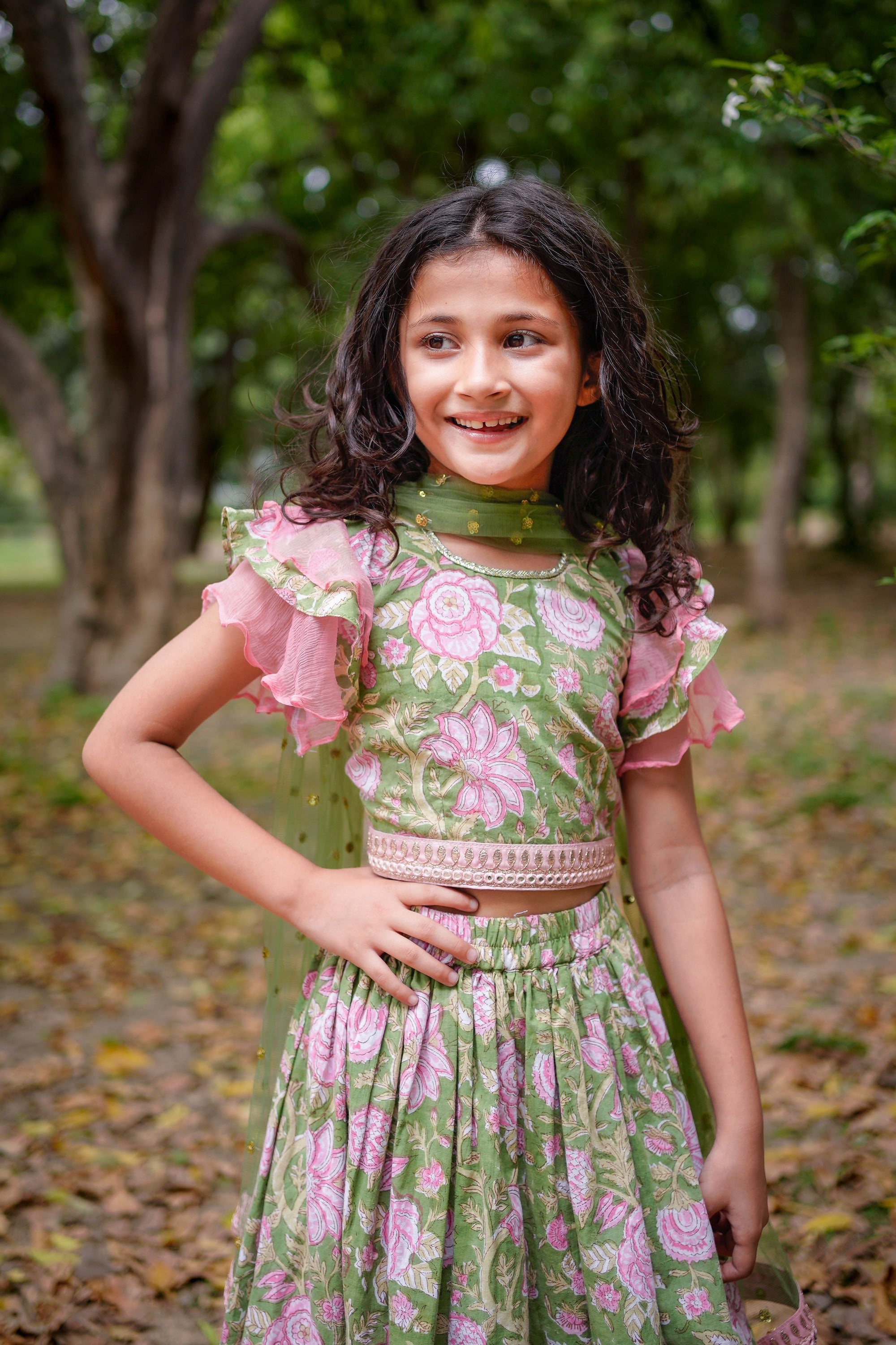 Green Sanganeri Cotton Lehenga with Pink Frill and Dupatta