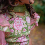 Green Sanganeri Cotton Lehenga with Pink Frill and Dupatta