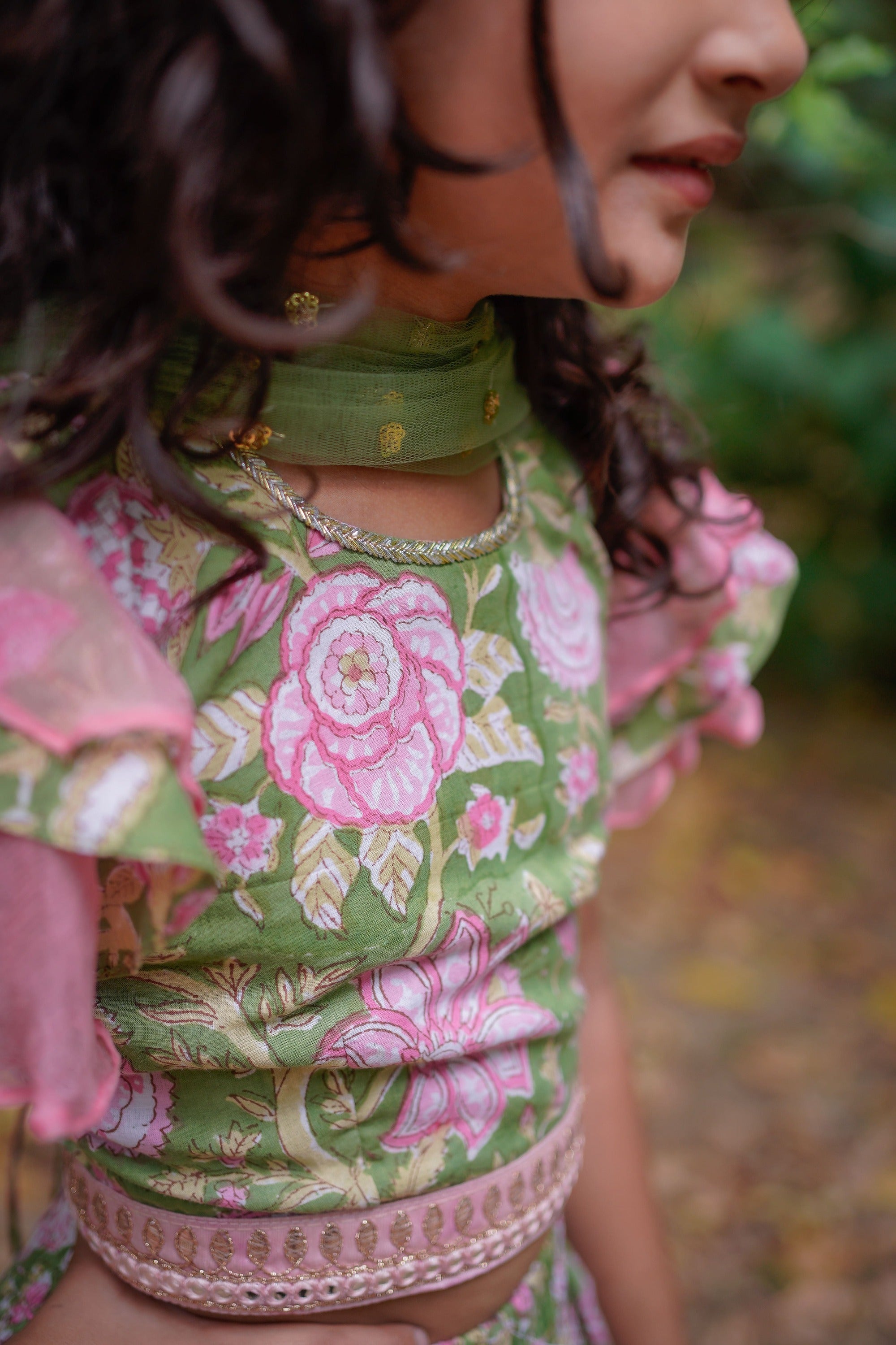 Green Sanganeri Cotton Lehenga with Pink Frill and Dupatta