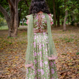 Green Sanganeri Cotton Lehenga with Pink Frill and Dupatta