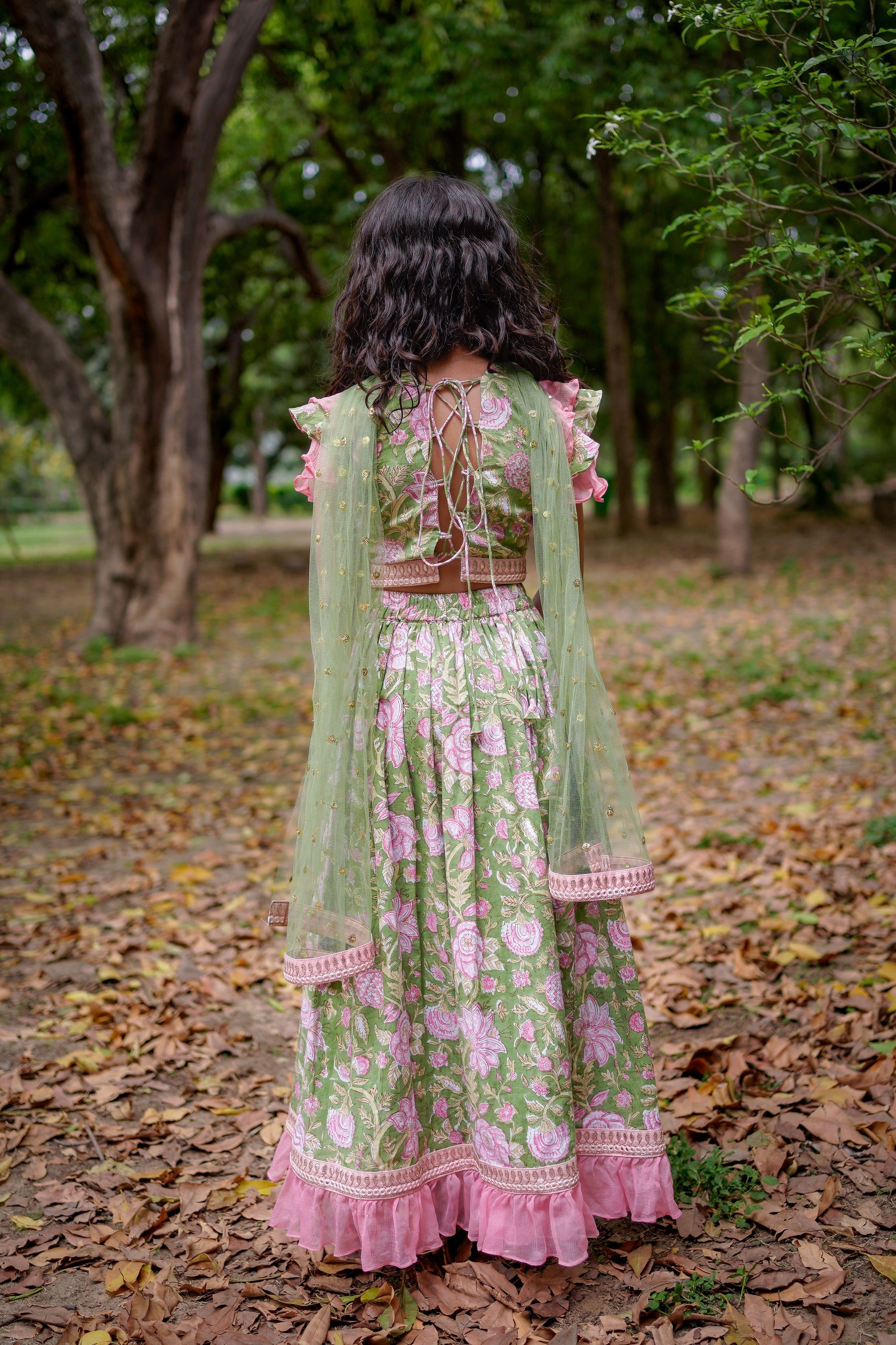 Green Sanganeri Cotton Lehenga with Pink Frill and Dupatta