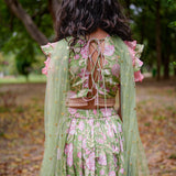 Green Sanganeri Cotton Lehenga with Pink Frill and Dupatta