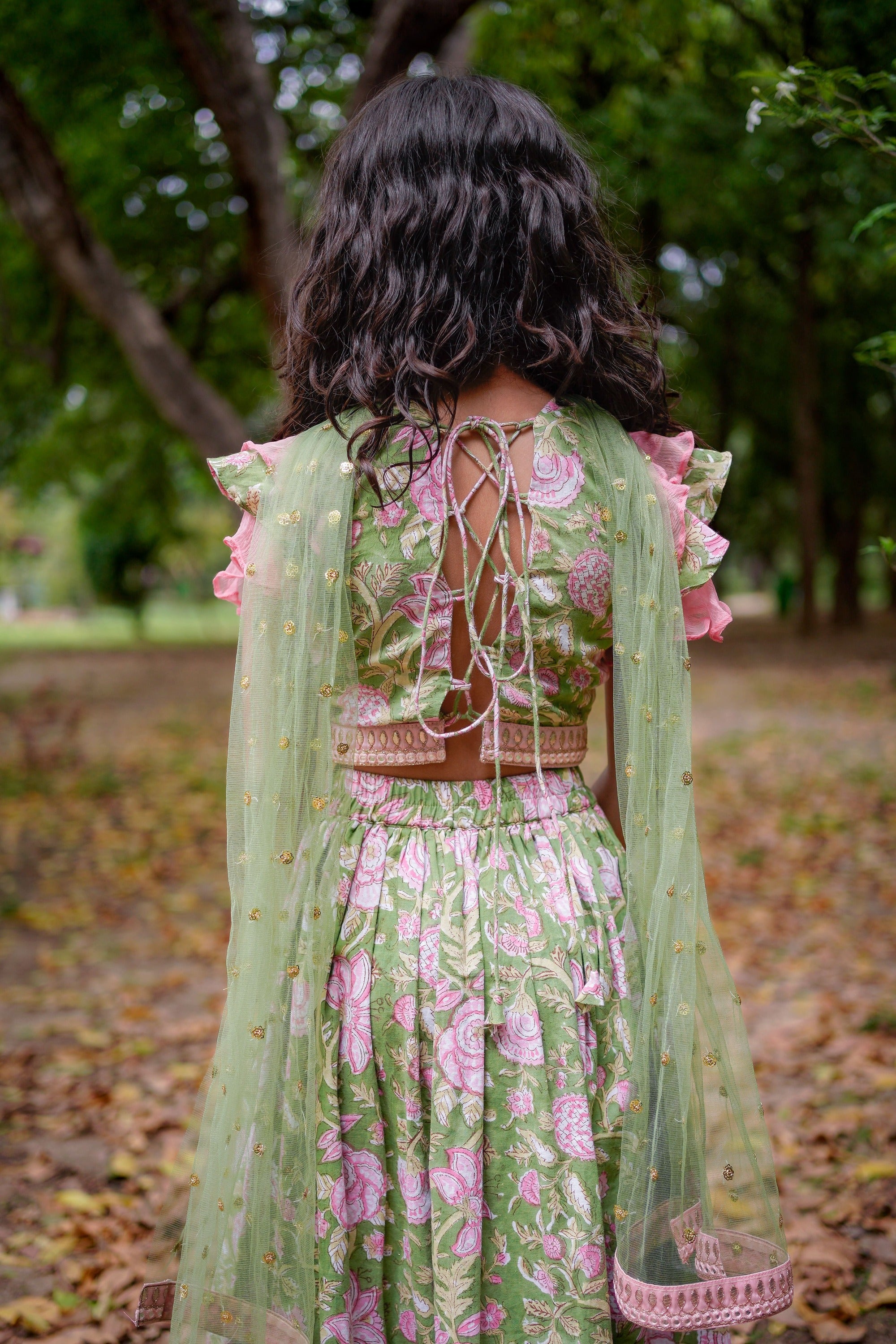 Green Sanganeri Cotton Lehenga with Pink Frill and Dupatta