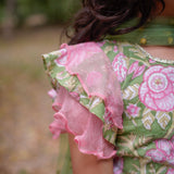 Green Sanganeri Cotton Lehenga with Pink Frill and Dupatta