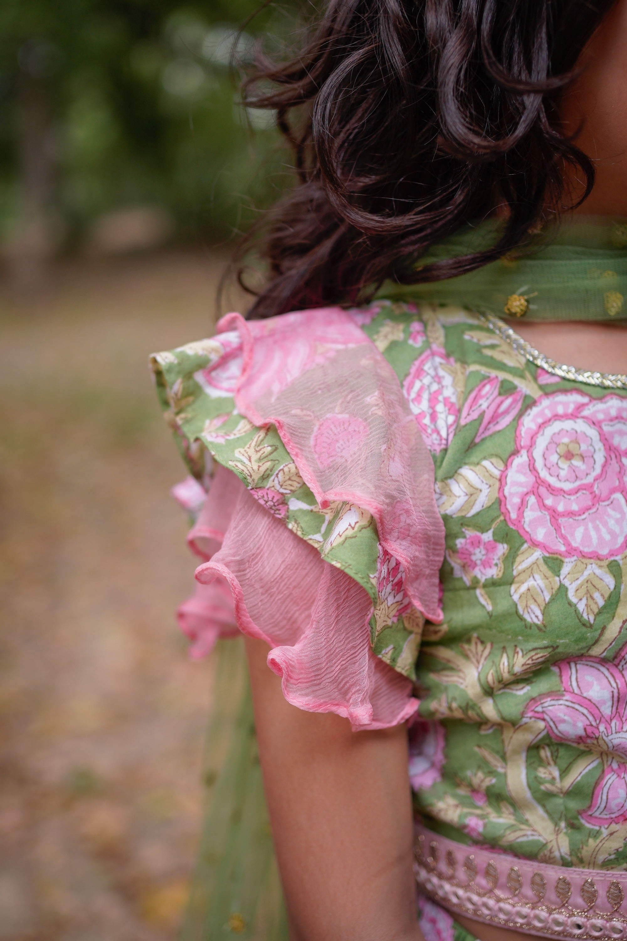 Green Sanganeri Cotton Lehenga with Pink Frill and Dupatta