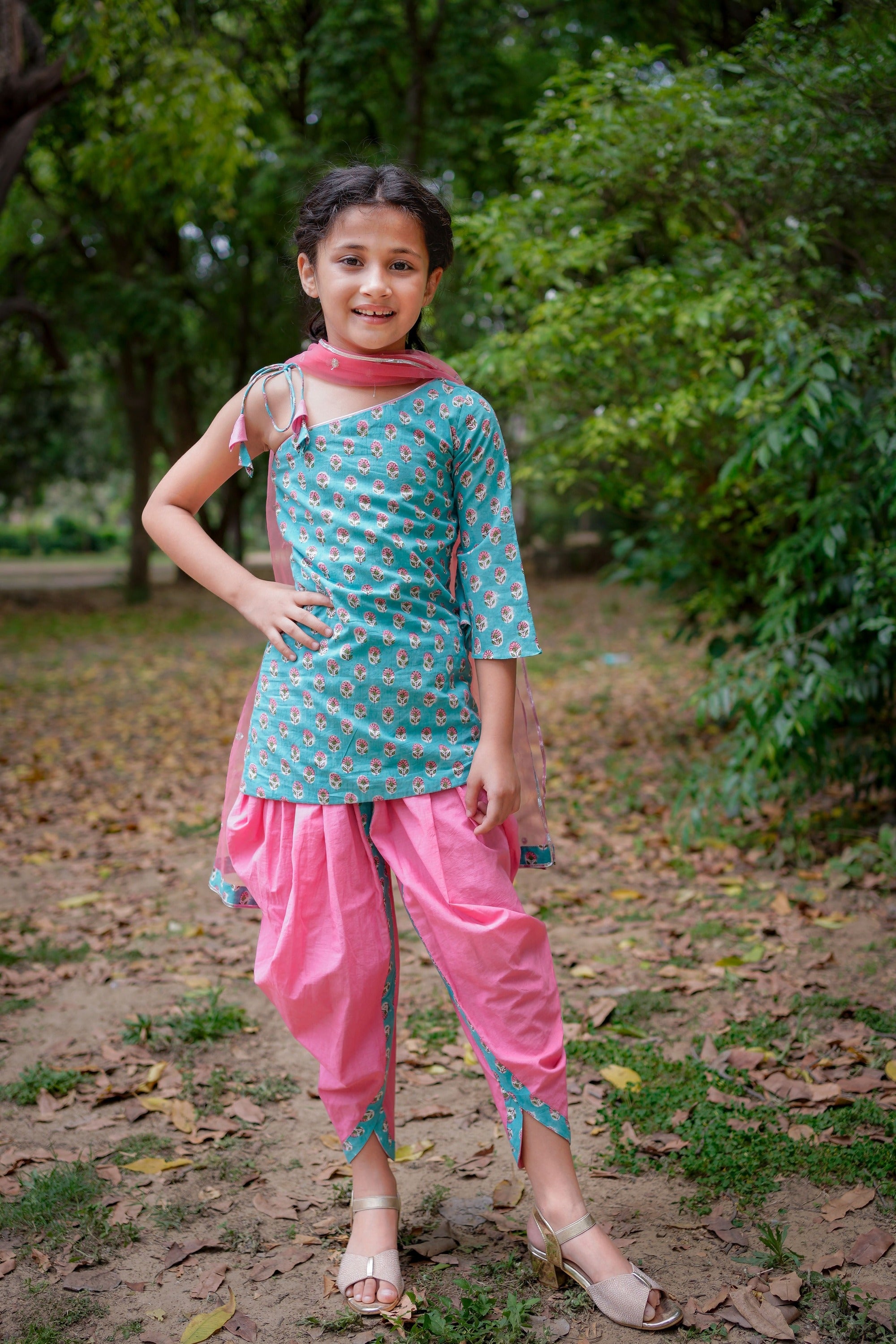 Pink & Blue Sanganeri Booti Dhoti Set