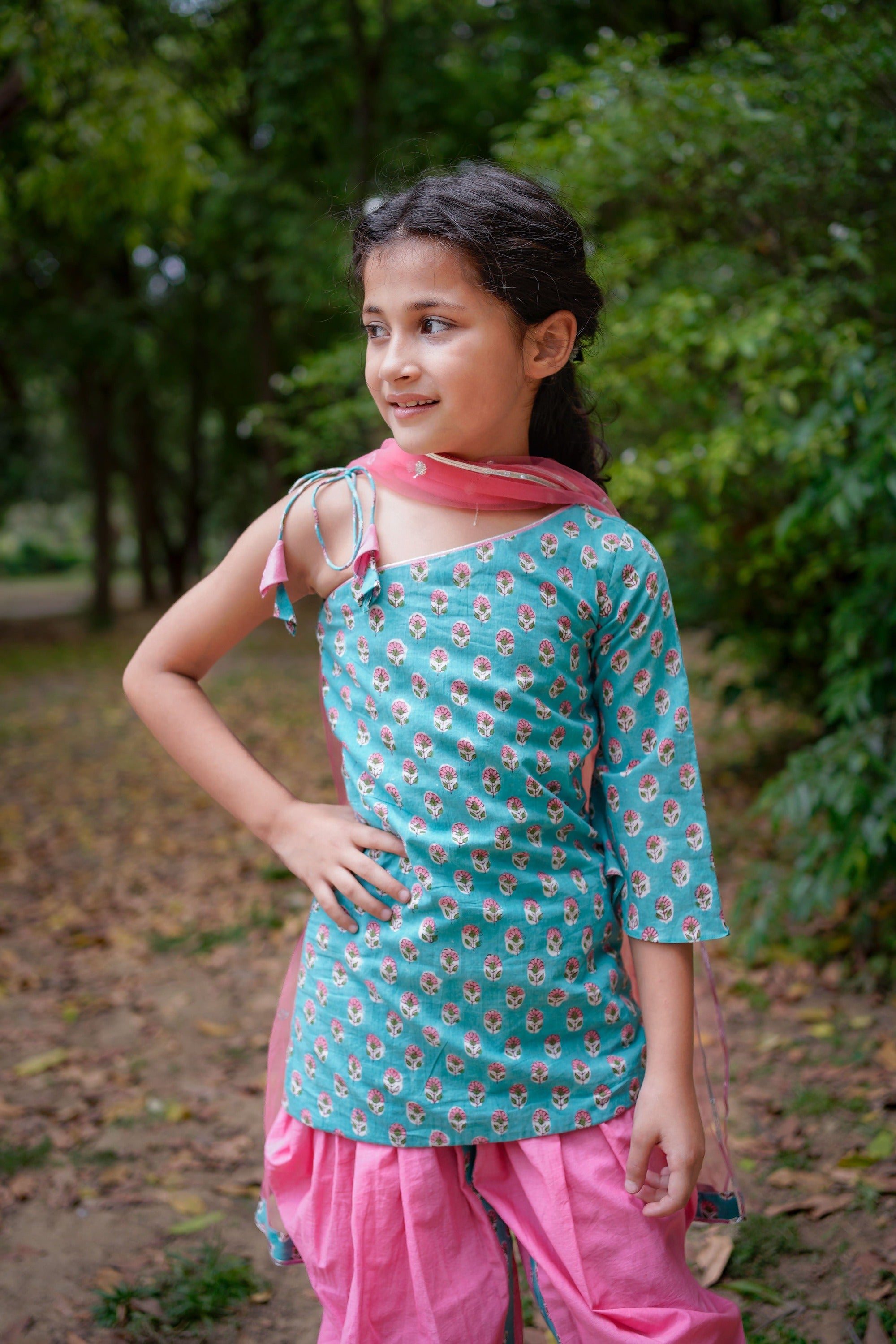 Pink & Blue Sanganeri Booti Dhoti Set