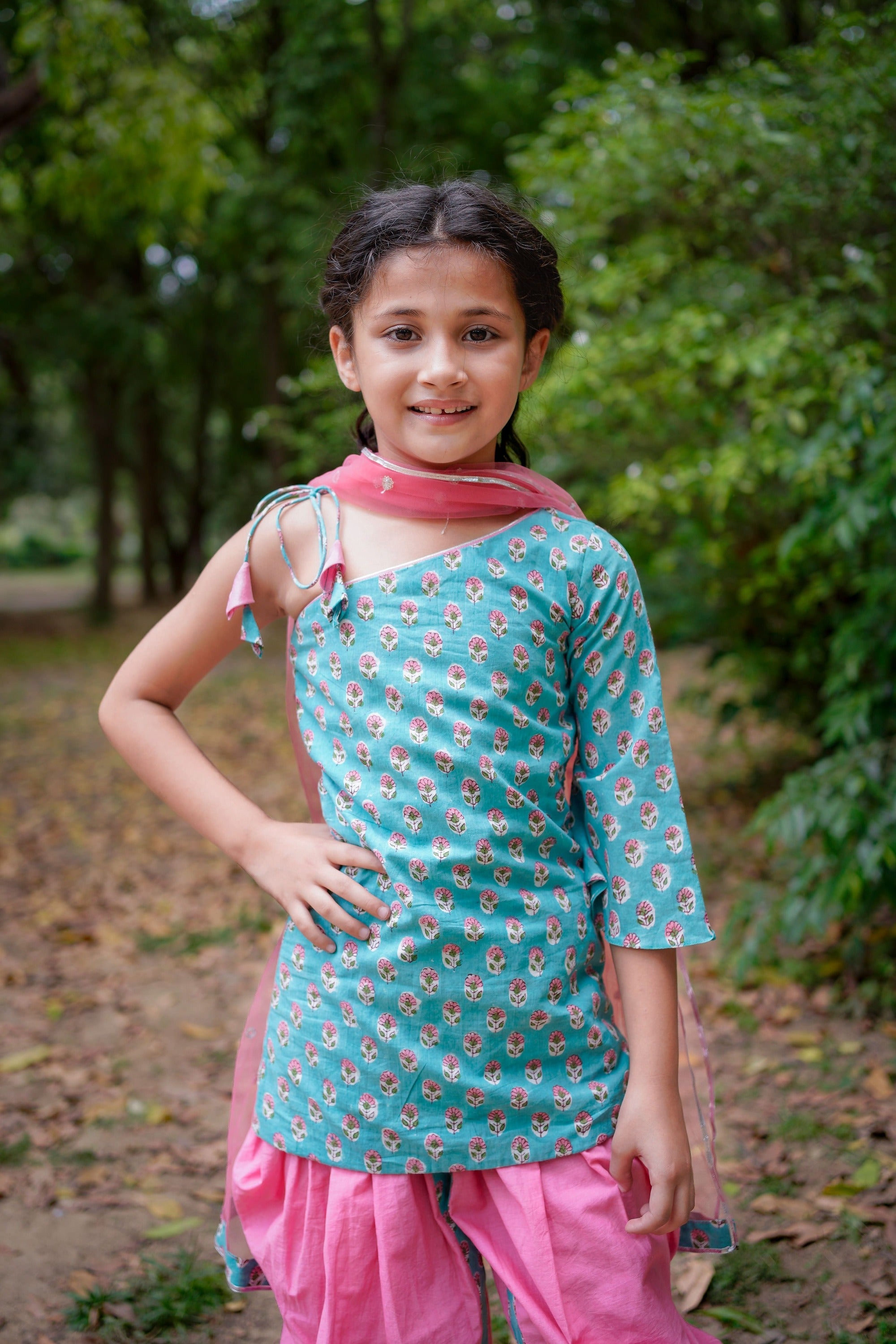 Pink & Blue Sanganeri Booti Dhoti Set